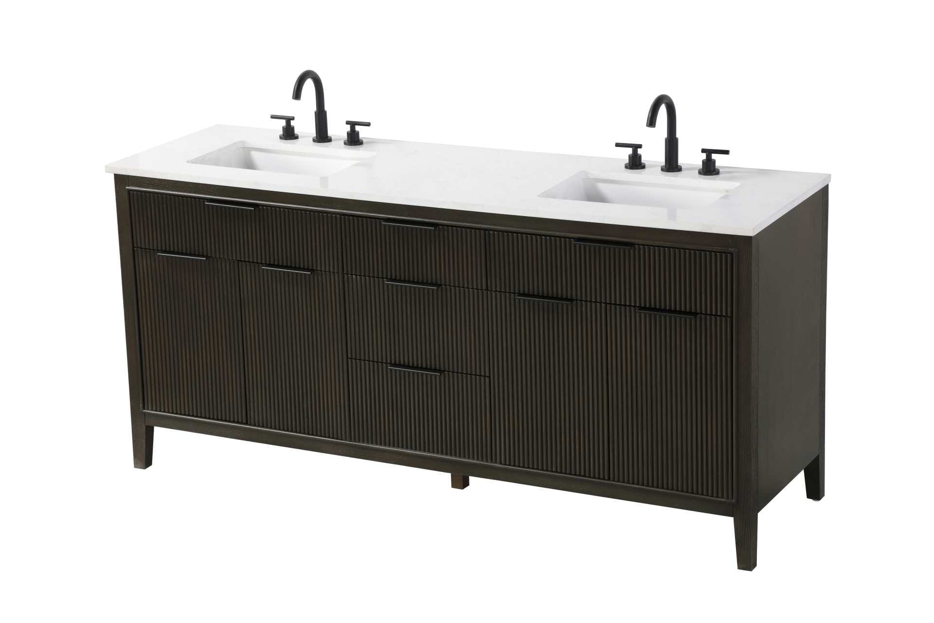 Specification Sheet
Dimensions
Length: 72"
Width: 22"
Height: 34"
Counter Top Length: 72"
Counter Top Width: 22"
Counter Top Height: 0.75"
Sink Width: 17.125"
Sink Depth: 11.625"
Sink Height: 7"
Sink Drain Hole Size: 1.75"
Faucet Hole Spacing: 8"3 Holes"
Specifications
Assembly Required: NO
Base Material: Solid wood and MDF
Counter Top Edge Style: straight
Counter Top Finish: Marble White
Distressed Finish: NO
Drain Assembly Included: NO
Faucet Included: NO
Faucet Type: Widespread
Finish (Color): Chocolate Oak
Vanity Material: Solid Wood and MDF
Hardware Finish: black
Harware Material: Aluminum alloy
Number of Faucet Holes: 6
Number of Sinks: 2
Product Shape: Rectangle
Product Type: Bathroom Vanities
Product Warranty: 1 year limited
Sink Mounting Type: Undermount
Vanity Backsplash: NO
Vanity Mounting Type: Free-Standing
Weight: 264
Wire Included: No
Wood Type: Rubberwood
Shipment type: LTL
Drawers
Drawers Included: yes
Number of Drawers: 5
False Drawers: NO
Drawer Width: dw1: 25.5
dw2: 16.25
dw3: 16.25
Drawer Depth: dw1: 3.625
dw2: 15.125
dw3: 15.125
Drawer Height: dw1: 6.125
dw2: 6.125
dw3: 9
Drawer Handle Designs: Finger pulls
Shelves
Number of Shelves: 2
Shelf Width: 25.25
Cabinets
Number of Cabinets: 2
Cabinet Interior Width: 25.25
Cabinet Interior Depth: 16.875
Cabinet Interior Height: 18.125 - alternate view