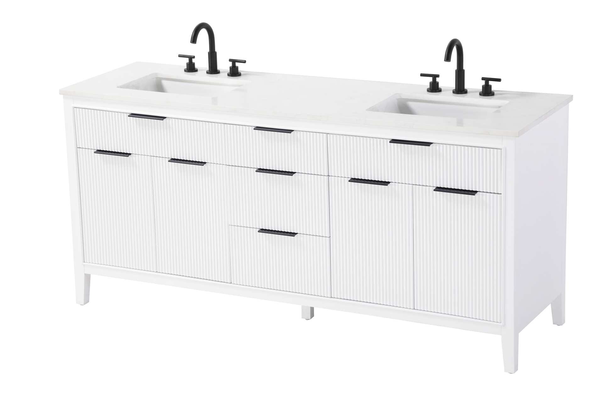Specification Sheet
Dimensions
Length: 72"
Width: 22"
Height: 34"
Counter Top Length: 72"
Counter Top Width: 22"
Counter Top Height: 0.75"
Sink Width: 17.125"
Sink Depth: 11.625"
Sink Height: 7"
Sink Drain Hole Size: 1.75"
Faucet Hole Spacing: 8"3 Holes"
Specifications
Assembly Required: NO
Base Material: Solid wood and MDF
Counter Top Edge Style: straight
Counter Top Finish: Marble White
Distressed Finish: NO
Drain Assembly Included: NO
Faucet Included: NO
Faucet Type: Widespread
Finish (Color): White
Vanity Material: Solid Wood and MDF
Hardware Finish: black
Harware Material: Aluminum alloy
Number of Faucet Holes: 6
Number of Sinks: 2
Product Shape: Rectangle
Product Type: Bathroom Vanities
Product Warranty: 1 year limited
Sink Mounting Type: Undermount
Vanity Backsplash: NO
Vanity Mounting Type: Free-Standing
Weight: 264
Wire Included: No
Wood Type: Rubberwood
Shipment type: LTL
Drawers
Drawers Included: yes
Number of Drawers: 5
False Drawers: NO
Drawer Width: dw1: 25.5
dw2: 16.25
dw3: 16.25
Drawer Depth: dw1: 3.625
dw2: 15.125
dw3: 15.125
Drawer Height: dw1: 6.125
dw2: 6.125
dw3: 9
Drawer Handle Designs: Finger pulls
Shelves
Number of Shelves: 2
Shelf Width: 25.25
Cabinets
Number of Cabinets: 2
Cabinet Interior Width: 25.25
Cabinet Interior Depth: 16.875
Cabinet Interior Height: 18.125 - alternate view