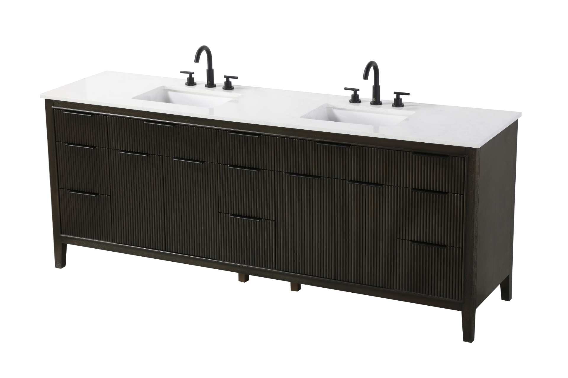 Specification Sheet
Dimensions
Length: 84"
Width: 22"
Height: 34"
Counter Top Length: 84"
Counter Top Width: 22"
Counter Top Height: 0.75"
Sink Width: 17.125"
Sink Depth: 11.625"
Sink Height: 7"
Sink Drain Hole Size: 1.75"
Faucet Hole Spacing: 8"3 Holes"
Specifications
Assembly Required: NO
Base Material: Solid wood and MDF
Counter Top Edge Style: straight
Counter Top Finish: Marble White
Distressed Finish: NO
Drain Assembly Included: NO
Faucet Included: NO
Faucet Type: Widespread
Finish (Color): Chocolate Oak
Vanity Material: Solid Wood and MDF
Hardware Finish: black
Harware Material: Aluminum alloy
Number of Faucet Holes: 6
Number of Sinks: 2
Product Shape: Rectangle
Product Type: Bathroom Vanities
Product Warranty: 1 year limited
Sink Mounting Type: Undermount
Vanity Backsplash: NO
Vanity Mounting Type: Free-Standing
Weight: 335
Wire Included: No
Wood Type: Rubberwood
Shipment type: LTL
Drawers
Drawers Included: yes
Number of Drawers: 11
False Drawers: NO
Drawer Width: dw1: 22.5
dw2: 11.125
dw3: 11.125
Drawer Depth: dw1: 3.625
dw2: 15.125
dw3: 15.125
Drawer Height: dw1: 6.125
dw2: 6.125
dw3: 9
Drawer Handle Designs: Finger pulls
Shelves
Number of Shelves: 2
Shelf Width: 22.5
Cabinets
Number of Cabinets: 2
Cabinet Interior Width: 22.5
Cabinet Interior Depth: 16.875
Cabinet Interior Height: 18.125 - alternate view