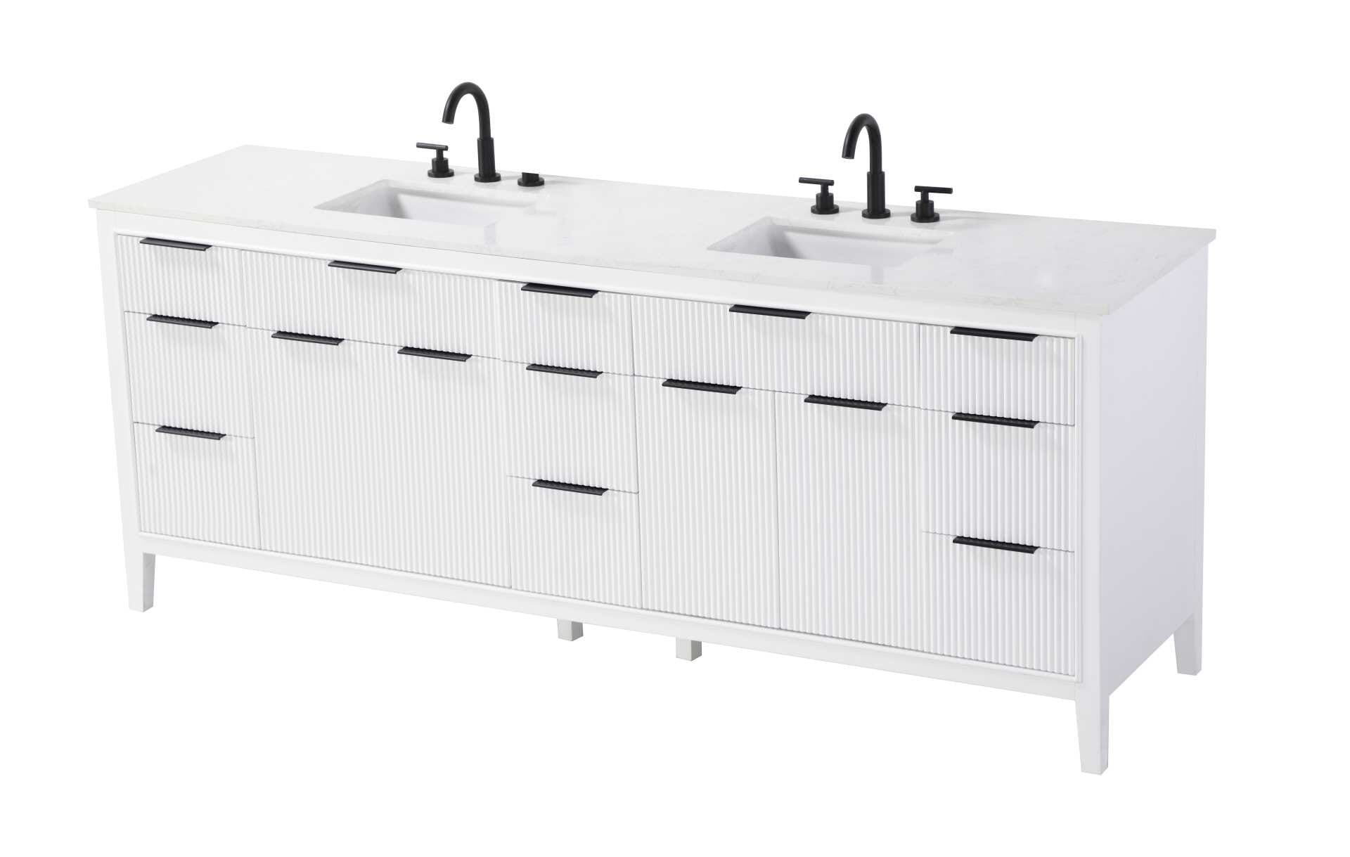 Specification Sheet
Dimensions
Length: 84"
Width: 22"
Height: 34"
Counter Top Length: 84"
Counter Top Width: 22"
Counter Top Height: 0.75"
Sink Width: 17.125"
Sink Depth: 11.625"
Sink Height: 7"
Sink Drain Hole Size: 1.75"
Faucet Hole Spacing: 8"3 Holes"
Specifications
Assembly Required: NO
Base Material: Solid wood and MDF
Counter Top Edge Style: straight
Counter Top Finish: Marble White
Distressed Finish: NO
Drain Assembly Included: NO
Faucet Included: NO
Faucet Type: Widespread
Finish (Color): White
Vanity Material: Solid Wood and MDF
Hardware Finish: black
Harware Material: Aluminum alloy
Number of Faucet Holes: 6
Number of Sinks: 2
Product Shape: Rectangle
Product Type: Bathroom Vanities
Product Warranty: 1 year limited
Sink Mounting Type: Undermount
Vanity Backsplash: NO
Vanity Mounting Type: Free-Standing
Weight: 335
Wire Included: No
Wood Type: Rubberwood
Shipment type: LTL
Drawers
Drawers Included: yes
Number of Drawers: 11
False Drawers: NO
Drawer Width: dw1: 22.5
dw2: 11.125
dw3: 11.125
Drawer Depth: dw1: 3.625
dw2: 15.125
dw3: 15.125
Drawer Height: dw1: 6.125
dw2: 6.125
dw3: 9
Drawer Handle Designs: Finger pulls
Shelves
Number of Shelves: 2
Shelf Width: 22.5
Cabinets
Number of Cabinets: 2
Cabinet Interior Width: 22.5
Cabinet Interior Depth: 16.875
Cabinet Interior Height: 18.125 - alternate view