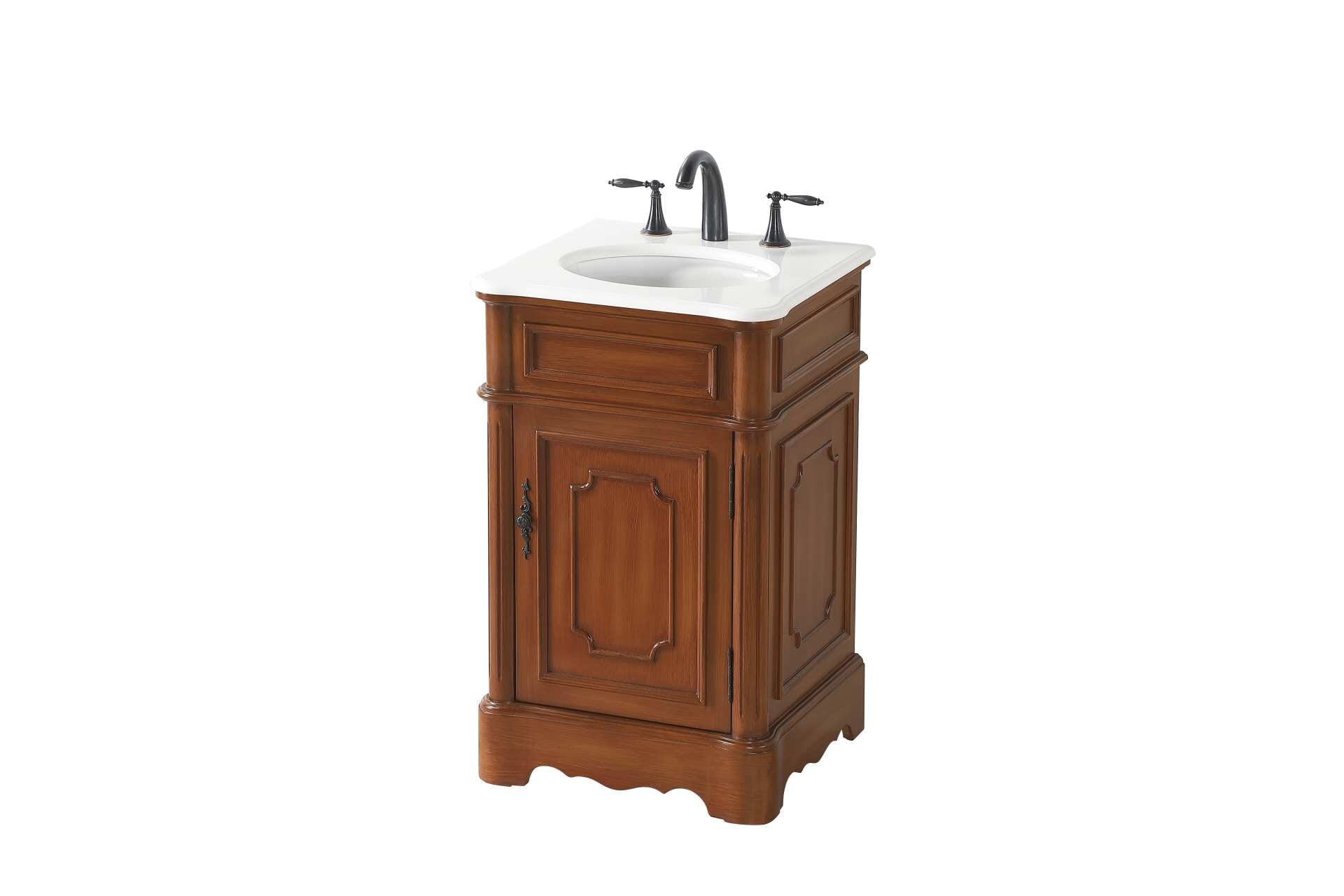Dimensions
Length: 21"
Width: 19"
Height: 33"
Counter Top Length: 21"
Counter Top Width: 19"
Counter Top Height: 0.75"
Sink Width: 13.6"
Sink Depth: 11"
Sink Height: 7"
Sink Drain Hole Size: 1.75"
Faucet Hole Spacing: 8"3 Holes"
Specifications
Assembly Required: no
Base Material: Solid wood and MDF
Counter Top Edge Style: Ogee
Counter Top Finish: Ivory white
Distressed Finish: Yes
Finish (Color): Teak
Fixture Material: Solid Wood and MDF
Hardware Finish: Antique bronze
Harware Material: Aluminum alloy
Number of Faucet Holes: 3
Number of Sinks: 1
Product Shape: Rectangle
Product Type: Bathroom Vanities
Product Warranty: 1 year limited
Sink Mounting Type: Undermount
Vanity Backsplash: NO
Vanity Mounting Type: Free-Standing
Weight: 71.5
Wire Included: No
Wood Type: Rubberwood
Shipment type: Oversized Ground
US Shipping Cost: $122.00
Drawers
Drawers Included: no
Shelves
Number of Shelves: 1
Shelf Width: 17.75
Cabinets
Number of Cabinets: 1
Cabinet Interior Width: 14.87
Cabinet Interior Depth: 16.625
Cabinet Interior Height: 19.625 - alternate view