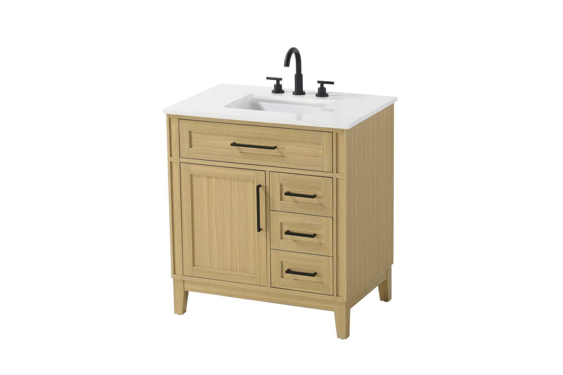 Dimensions
Length: 32"
Width: 21.5"
Height: 35"
Counter Top Length: 32"
Counter Top Width: 21.5"
Counter Top Height: 0.75"
Sink Width: 15.375"
Sink Depth: 10.875"
Sink Height: 7"
Sink Drain Hole Size: 1.75"
Faucet Hole Spacing: 8"3 Holes"
Specifications
Assembly Required: YES
Base Material: Solid wood and MDF
Counter Top Edge Style: straight
Counter Top Finish: Marble white
Distressed Finish: NO
Drain Assembly Included: NO
Faucet Included: NO
Faucet Type: Widespread
Finish (Color): Honey Brown
Vanity Material: Solid Wood and MDF
Hardware Finish: Black
Harware Material: Aluminum alloy
Number of Faucet Holes: 3
Number of Sinks: 1
Product Shape: Rectangle
Product Type: Bathroom Vanities
Product Warranty: 1 year limited
Sink Mounting Type: Undermount
Vanity Backsplash: NO
Vanity Mounting Type: Free-Standing
172
Wire Included: No
Wood Type: Rubber wood
Shipment type: LTL
Drawers
Drawers Included: yes
Number of Drawers: 3
False Drawers: Yes
Drawer Width: dw1: 26.5
dw2: 10.75
dw3: 10.75
Drawer Depth: dw1: 3.625
dw2: 15.125
dw3: 15.125
Drawer Height: dw1: 6.375
dw2: 6.375
dw3: 12.75
Drawer Handle Designs: Bar pulls
Shelves
Number of Shelves: 1
Shelf Width: 15.125
Cabinets
Number of Cabinets: 1
Cabinet Interior Width: 15.125
Cabinet Interior Depth: 16.875
Cabinet Interior Height: 19.125 - alternate view