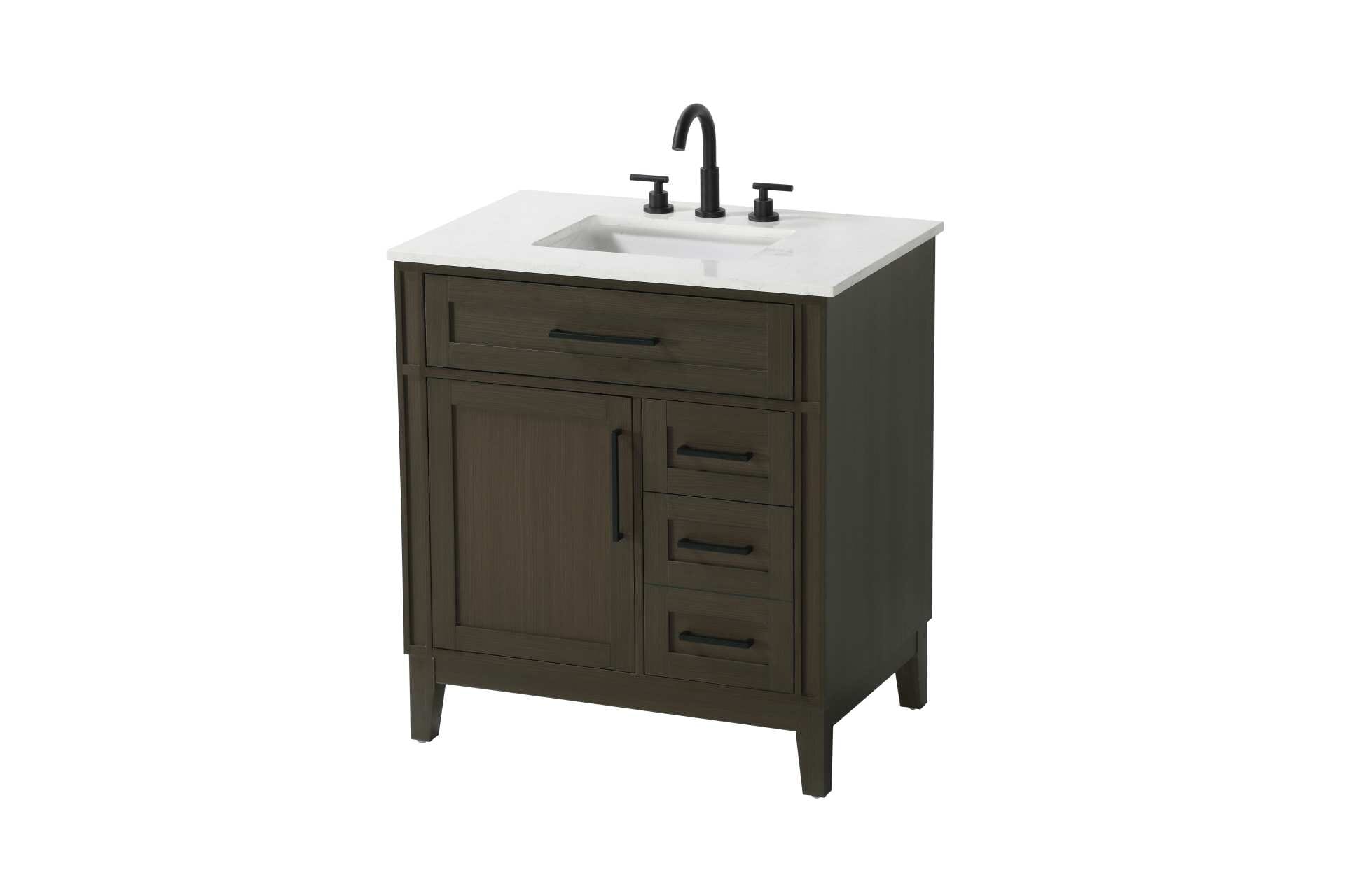 Dimensions
Length: 32"
Width: 21.5"
Height: 35"
Counter Top Length: 32"
Counter Top Width: 21.5"
Counter Top Height: 0.75"
Sink Width: 15.375"
Sink Depth: 10.875"
Sink Height: 7"
Sink Drain Hole Size: 1.75"
Faucet Hole Spacing: 8"3 Holes"
Specifications
Assembly Required: YES
Base Material: Solid wood and MDF
Counter Top Edge Style: straight
Counter Top Finish: Marble white
Distressed Finish: NO
Drain Assembly Included: NO
Faucet Included: NO
Faucet Type: Widespread
Finish (Color): Mocha Brown
Vanity Material: Solid Wood and MDF
Hardware Finish: Black
Harware Material: Aluminum alloy
Number of Faucet Holes: 3
Number of Sinks: 1
Product Shape: Rectangle
Product Type: Bathroom Vanities
Product Warranty: 1 year limited
Sink Mounting Type: Undermount
Vanity Backsplash: NO
Vanity Mounting Type: Free-Standing
172
Wire Included: No
Wood Type: Rubber wood
Shipment type: LTL
Drawers
Drawers Included: yes
Number of Drawers: 3
False Drawers: Yes
Drawer Width: dw1: 26.5
dw2: 10.75
dw3: 10.75
Drawer Depth: dw1: 3.625
dw2: 15.125
dw3: 15.125
Drawer Height: dw1: 6.375
dw2: 6.375
dw3: 12.75
Drawer Handle Designs: Bar pulls
Shelves
Number of Shelves: 1
Shelf Width: 15.125
Cabinets
Number of Cabinets: 1
Cabinet Interior Width: 15.125
Cabinet Interior Depth: 16.875
Cabinet Interior Height: 19.125 - alternate view