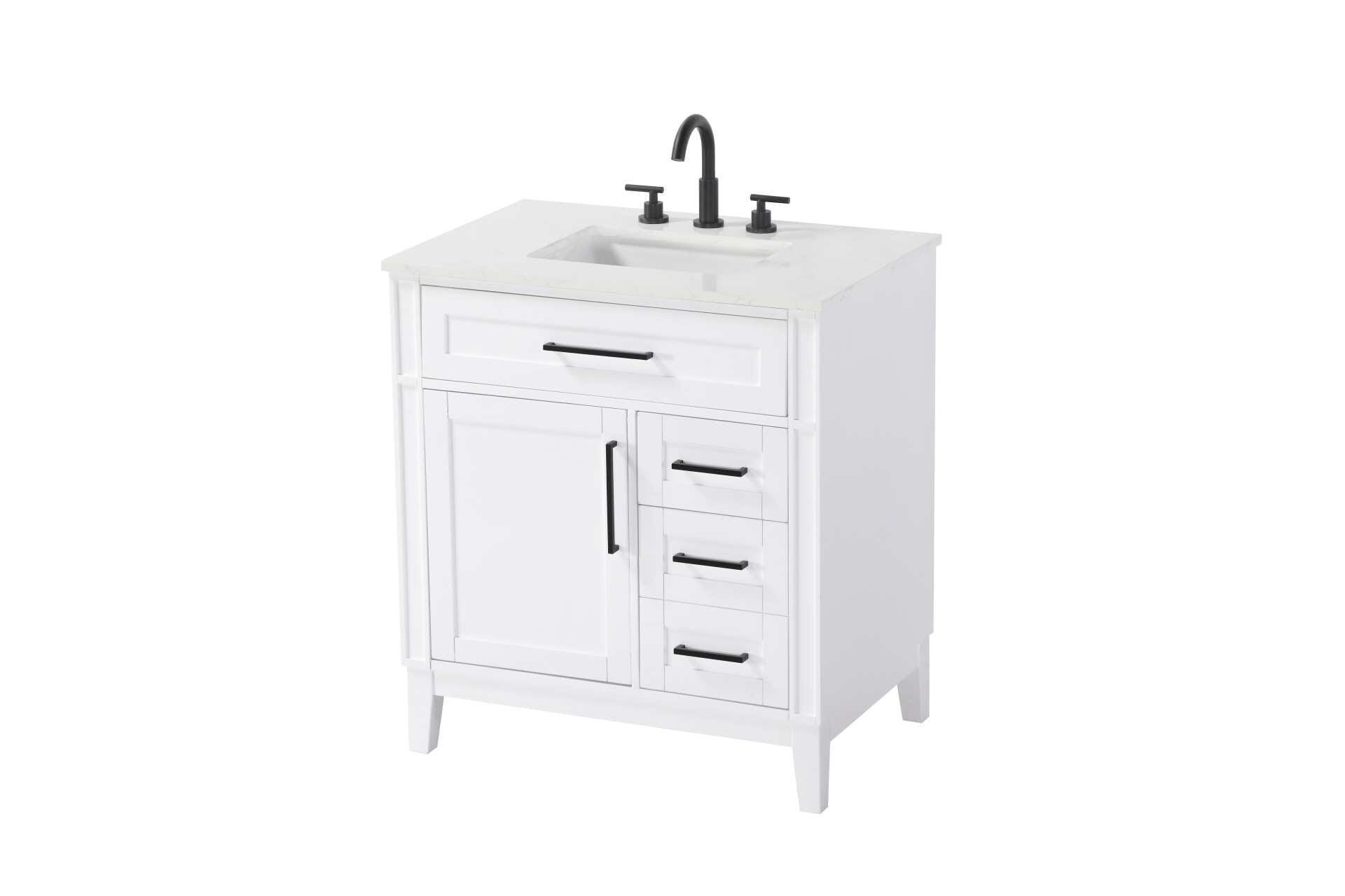Dimensions
Length: 32"
Width: 21.5"
Height: 35"
Counter Top Length: 32"
Counter Top Width: 21.5"
Counter Top Height: 0.75"
Sink Width: 15.375"
Sink Depth: 10.875"
Sink Height: 7"
Sink Drain Hole Size: 1.75"
Faucet Hole Spacing: 8"3 Holes"
Specifications
Assembly Required: YES
Base Material: Solid wood and MDF
Counter Top Edge Style: straight
Counter Top Finish: Marble white
Distressed Finish: NO
Drain Assembly Included: NO
Faucet Included: NO
Faucet Type: Widespread
Finish (Color): White
Vanity Material: Solid Wood and MDF
Hardware Finish: Black
Harware Material: Aluminum alloy
Number of Faucet Holes: 3
Number of Sinks: 1
Product Shape: Rectangle
Product Type: Bathroom Vanities
Product Warranty: 1 year limited
Sink Mounting Type: Undermount
Vanity Backsplash: NO
Vanity Mounting Type: Free-Standing
154
Wire Included: No
Wood Type: Rubber wood
Shipment type: LTL
Drawers
Drawers Included: yes
Number of Drawers: 3
False Drawers: Yes
Drawer Width: dw1: 26.5
dw2: 10.75
dw3: 10.75
Drawer Depth: dw1: 3.625
dw2: 15.125
dw3: 15.125
Drawer Height: dw1: 6.375
dw2: 6.375
dw3: 12.75
Drawer Handle Designs: Bar pulls
Shelves
Number of Shelves: 1
Shelf Width: 15.125
Cabinets
Number of Cabinets: 1
Cabinet Interior Width: 15.125
Cabinet Interior Depth: 16.875
Cabinet Interior Height: 19.125 - alternate view