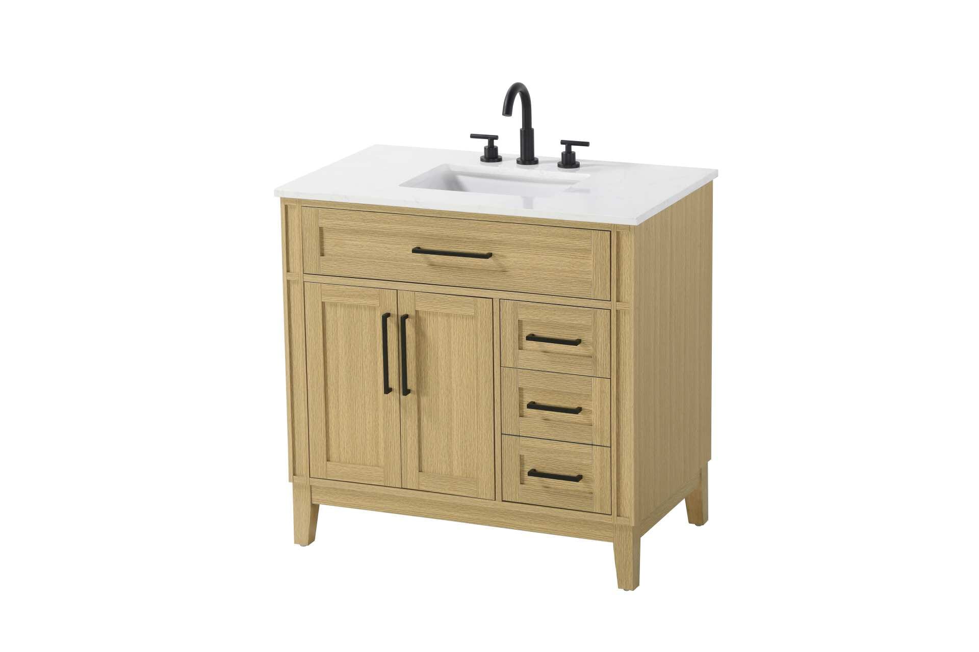 Dimensions
Length: 36"
Width: 21.5"
Height: 35"
Counter Top Length: 36"
Counter Top Width: 21.5"
Counter Top Height: 0.75"
Sink Width: 15.375"
Sink Depth: 10.875"
Sink Height: 7"
Sink Drain Hole Size: 1.75"
Faucet Hole Spacing: 8"3 Holes"
Specifications
Assembly Required: YES
Base Material: Solid wood and MDF
Counter Top Edge Style: straight
Counter Top Finish: Marble white
Distressed Finish: NO
Drain Assembly Included: NO
Faucet Included: NO
Faucet Type: Widespread
Finish (Color): Honey Brown
Vanity Material: Solid Wood and MDF
Hardware Finish: Black
Harware Material: Aluminum alloy
Number of Faucet Holes: 3
Number of Sinks: 1
Product Shape: Rectangle
Product Type: Bathroom Vanities
Product Warranty: 1 year limited
Sink Mounting Type: Undermount
Vanity Backsplash: NO
Vanity Mounting Type: Free-Standing
187
Wire Included: No
Wood Type: Rubber wood
Shipment type: LTL
Drawers
Drawers Included: yes
Number of Drawers: 3
False Drawers: Yes
Drawer Width: dw1: 30.625
dw2: 10.75
dw3: 10.75
Drawer Depth: dw1: 3.625
dw2: 15.125
dw3: 15.125
Drawer Height: dw1: 6.375
dw2: 6.375
dw3: 12.75
Drawer Handle Designs: Bar pulls
Shelves
Number of Shelves: 1
Shelf Width: 19
Cabinets
Number of Cabinets: 1
Cabinet Interior Width: 19
Cabinet Interior Depth: 16.875
Cabinet Interior Height: 19.125 - alternate view