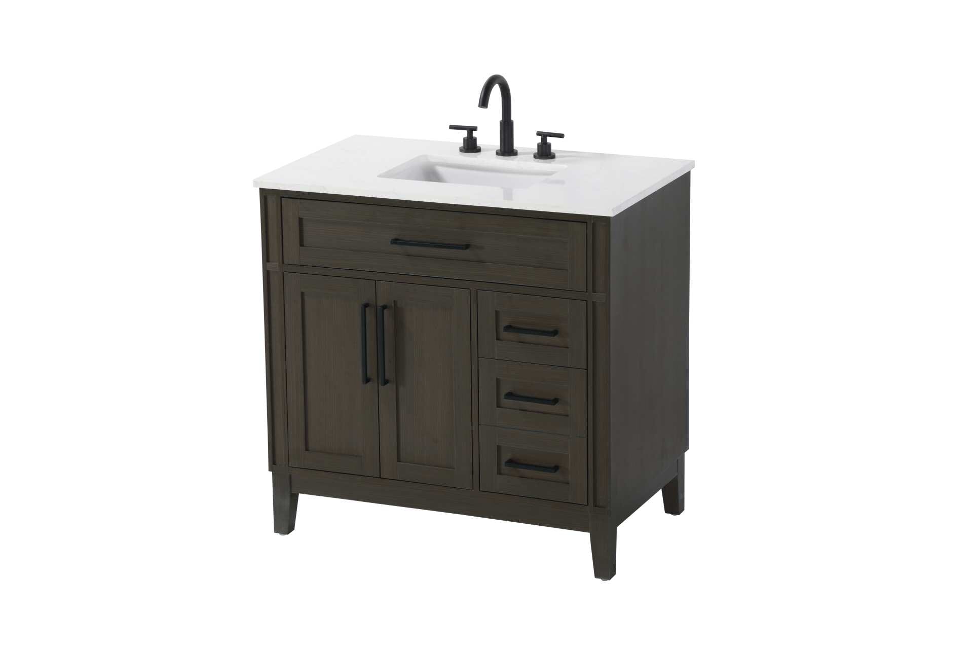 Dimensions
Length: 36"
Width: 21.5"
Height: 35"
Counter Top Length: 36"
Counter Top Width: 21.5"
Counter Top Height: 0.75"
Sink Width: 15.375"
Sink Depth: 10.875"
Sink Height: 7"
Sink Drain Hole Size: 1.75"
Faucet Hole Spacing: 8"3 Holes"
Specifications
Assembly Required: YES
Base Material: Solid wood and MDF
Counter Top Edge Style: straight
Counter Top Finish: Marble white
Distressed Finish: NO
Drain Assembly Included: NO
Faucet Included: NO
Faucet Type: Widespread
Finish (Color): Mocha Brown
Vanity Material: Solid Wood and MDF
Hardware Finish: Black
Harware Material: Aluminum alloy
Number of Faucet Holes: 3
Number of Sinks: 1
Product Shape: Rectangle
Product Type: Bathroom Vanities
Product Warranty: 1 year limited
Sink Mounting Type: Undermount
Vanity Backsplash: NO
Vanity Mounting Type: Free-Standing
187
Wire Included: No
Wood Type: Rubber wood
Shipment type: LTL
Drawers
Drawers Included: yes
Number of Drawers: 3
False Drawers: Yes
Drawer Width: dw1: 30.625
dw2: 10.75
dw3: 10.75
Drawer Depth: dw1: 3.625
dw2: 15.125
dw3: 15.125
Drawer Height: dw1: 6.375
dw2: 6.375
dw3: 12.75
Drawer Handle Designs: Bar pulls
Shelves
Number of Shelves: 1
Shelf Width: 19
Cabinets
Number of Cabinets: 1
Cabinet Interior Width: 19
Cabinet Interior Depth: 16.875
Cabinet Interior Height: 19.125 - alternate view