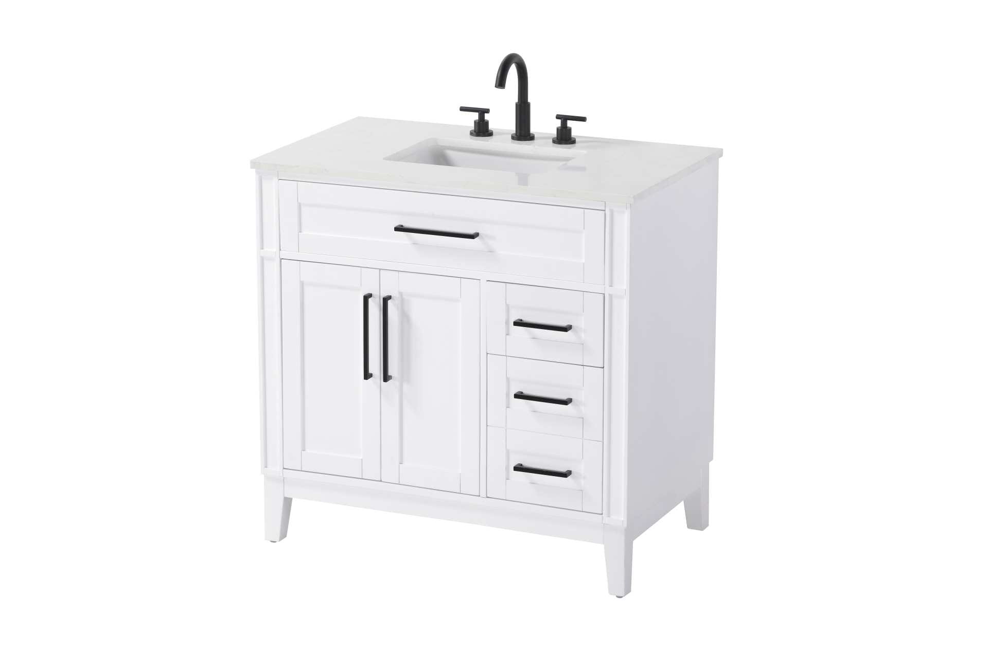 Dimensions
Length: 36"
Width: 21.5"
Height: 35"
Counter Top Length: 36"
Counter Top Width: 21.5"
Counter Top Height: 0.75"
Sink Width: 15.375"
Sink Depth: 10.875"
Sink Height: 7"
Sink Drain Hole Size: 1.75"
Faucet Hole Spacing: 8"3 Holes"
Specifications
Assembly Required: YES
Base Material: Solid wood and MDF
Counter Top Edge Style: straight
Counter Top Finish: Marble white
Distressed Finish: NO
Drain Assembly Included: NO
Faucet Included: NO
Faucet Type: Widespread
Finish (Color): White
Vanity Material: Solid Wood and MDF
Hardware Finish: Black
Harware Material: Aluminum alloy
Number of Faucet Holes: 3
Number of Sinks: 1
Product Shape: Rectangle
Product Type: Bathroom Vanities
Product Warranty: 1 year limited
Sink Mounting Type: Undermount
Vanity Backsplash: NO
Vanity Mounting Type: Free-Standing
167
Wire Included: No
Wood Type: Rubber wood
Shipment type: LTL
Drawers
Drawers Included: yes
Number of Drawers: 3
False Drawers: Yes
Drawer Width: dw1: 30.625
dw2: 10.75
dw3: 10.75
Drawer Depth: dw1: 3.625
dw2: 15.125
dw3: 15.125
Drawer Height: dw1: 6.375
dw2: 6.375
dw3: 12.75
Drawer Handle Designs: Bar pulls
Shelves
Number of Shelves: 1
Shelf Width: 19
Cabinets
Number of Cabinets: 1
Cabinet Interior Width: 19
Cabinet Interior Depth: 16.875
Cabinet Interior Height: 19.125 - alternate view