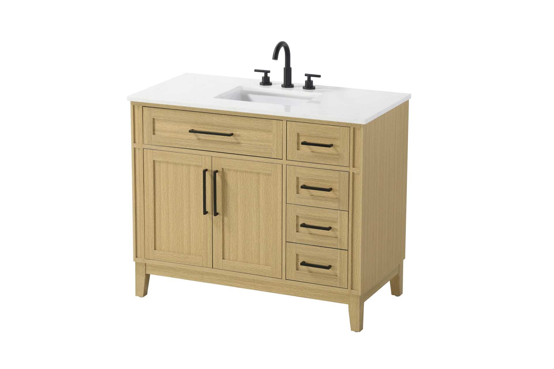 Dimensions
Length: 42"
Width: 21.5"
Height: 35"
Counter Top Length: 42"
Counter Top Width: 21.5"
Counter Top Height: 0.75"
Sink Width: 15.375"
Sink Depth: 10.875"
Sink Height: 7"
Sink Drain Hole Size: 1.75"
Faucet Hole Spacing: 8"3 Holes"
Specifications
Assembly Required: YES
Base Material: Solid wood and MDF
Counter Top Edge Style: straight
Counter Top Finish: Marble white
Distressed Finish: NO
Drain Assembly Included: NO
Faucet Included: NO
Faucet Type: Widespread
Finish (Color): Honey Brown
Vanity Material: Solid Wood and MDF
Hardware Finish: Black
Harware Material: Aluminum alloy
Number of Faucet Holes: 3
Number of Sinks: 1
Product Shape: Rectangle
Product Type: Bathroom Vanities
Product Warranty: 1 year limited
Sink Mounting Type: Undermount
Vanity Backsplash: NO
Vanity Mounting Type: Free-Standing
209
Wire Included: No
Wood Type: Rubber wood
Shipment type: LTL
Drawers
Drawers Included: yes
Number of Drawers: 4
False Drawers: Yes
Drawer Width: dw1: 25.25
dw2: 10.75
dw3: 10.75
dw4: 10.75
Drawer Depth: dw1: 3.625
dw2: 15.125
dw3: 15.125 dw4:15.125
Drawer Height: dw1: 6.375
dw2: 6.375
dw3: 6.375
dw4: 12.75
Drawer Handle Designs: Bar pulls
Shelves
Number of Shelves: 1
Shelf Width: 25
Cabinets
Number of Cabinets: 1
Cabinet Interior Width: 25
Cabinet Interior Depth: 16.875
Cabinet Interior Height: 19.125 - alternate view