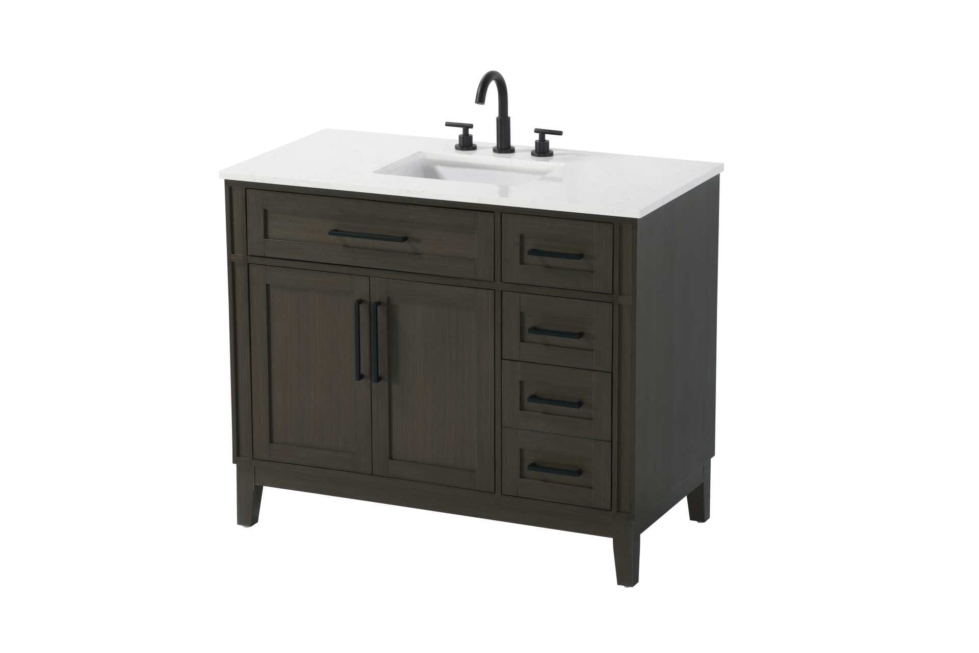 Dimensions
Length: 42"
Width: 21.5"
Height: 35"
Counter Top Length: 42"
Counter Top Width: 21.5"
Counter Top Height: 0.75"
Sink Width: 15.375"
Sink Depth: 10.875"
Sink Height: 7"
Sink Drain Hole Size: 1.75"
Faucet Hole Spacing: 8"3 Holes"
Specifications
Assembly Required: YES
Base Material: Solid wood and MDF
Counter Top Edge Style: straight
Counter Top Finish: Marble white
Distressed Finish: NO
Drain Assembly Included: NO
Faucet Included: NO
Faucet Type: Widespread
Finish (Color): Mocha Brown
Vanity Material: Solid Wood and MDF
Hardware Finish: Black
Harware Material: Aluminum alloy
Number of Faucet Holes: 3
Number of Sinks: 1
Product Shape: Rectangle
Product Type: Bathroom Vanities
Product Warranty: 1 year limited
Sink Mounting Type: Undermount
Vanity Backsplash: NO
Vanity Mounting Type: Free-Standing
209
Wire Included: No
Wood Type: Rubber wood
Shipment type: LTL
Drawers
Drawers Included: yes
Number of Drawers: 4
False Drawers: Yes
Drawer Width: dw1: 25.25
dw2: 10.75
dw3: 10.75
dw4: 10.75
Drawer Depth: dw1: 3.625
dw2: 15.125
dw3: 15.125 dw4:15.125
Drawer Height: dw1: 6.375
dw2: 6.375
dw3: 6.375
dw4: 12.75
Drawer Handle Designs: Bar pulls
Shelves
Number of Shelves: 1
Shelf Width: 25
Cabinets
Number of Cabinets: 1
Cabinet Interior Width: 25
Cabinet Interior Depth: 16.875
Cabinet Interior Height: 19.125 - alternate view