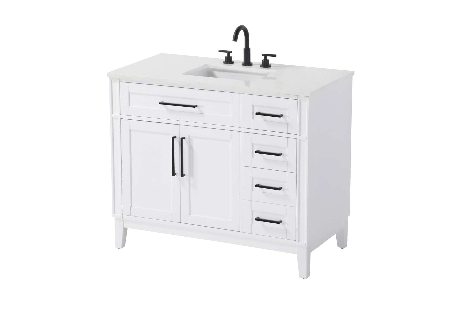 Dimensions
Length: 42"
Width: 21.5"
Height: 35"
Counter Top Length: 42"
Counter Top Width: 21.5"
Counter Top Height: 0.75"
Sink Width: 15.375"
Sink Depth: 10.875"
Sink Height: 7"
Sink Drain Hole Size: 1.75"
Faucet Hole Spacing: 8"3 Holes"
Specifications
Assembly Required: YES
Base Material: Solid wood and MDF
Counter Top Edge Style: straight
Counter Top Finish: Marble white
Distressed Finish: NO
Drain Assembly Included: NO
Faucet Included: NO
Faucet Type: Widespread
Finish (Color): White
Vanity Material: Solid Wood and MDF
Hardware Finish: Black
Harware Material: Aluminum alloy
Number of Faucet Holes: 3
Number of Sinks: 1
Product Shape: Rectangle
Product Type: Bathroom Vanities
Product Warranty: 1 year limited
Sink Mounting Type: Undermount
Vanity Backsplash: NO
Vanity Mounting Type: Free-Standing
191
Wire Included: No
Wood Type: Rubber wood
Shipment type: LTL
Drawers
Drawers Included: yes
Number of Drawers: 4
False Drawers: Yes
Drawer Width: dw1: 25.25
dw2: 10.75
dw3: 10.75
dw4: 10.75
Drawer Depth: dw1: 3.625
dw2: 15.125
dw3: 15.125 dw4:15.125
Drawer Height: dw1: 6.375
dw2: 6.375
dw3: 6.375
dw4: 12.75
Drawer Handle Designs: Bar pulls
Shelves
Number of Shelves: 1
Shelf Width: 25
Cabinets
Number of Cabinets: 1
Cabinet Interior Width: 25
Cabinet Interior Depth: 16.875
Cabinet Interior Height: 19.125 - alternate view