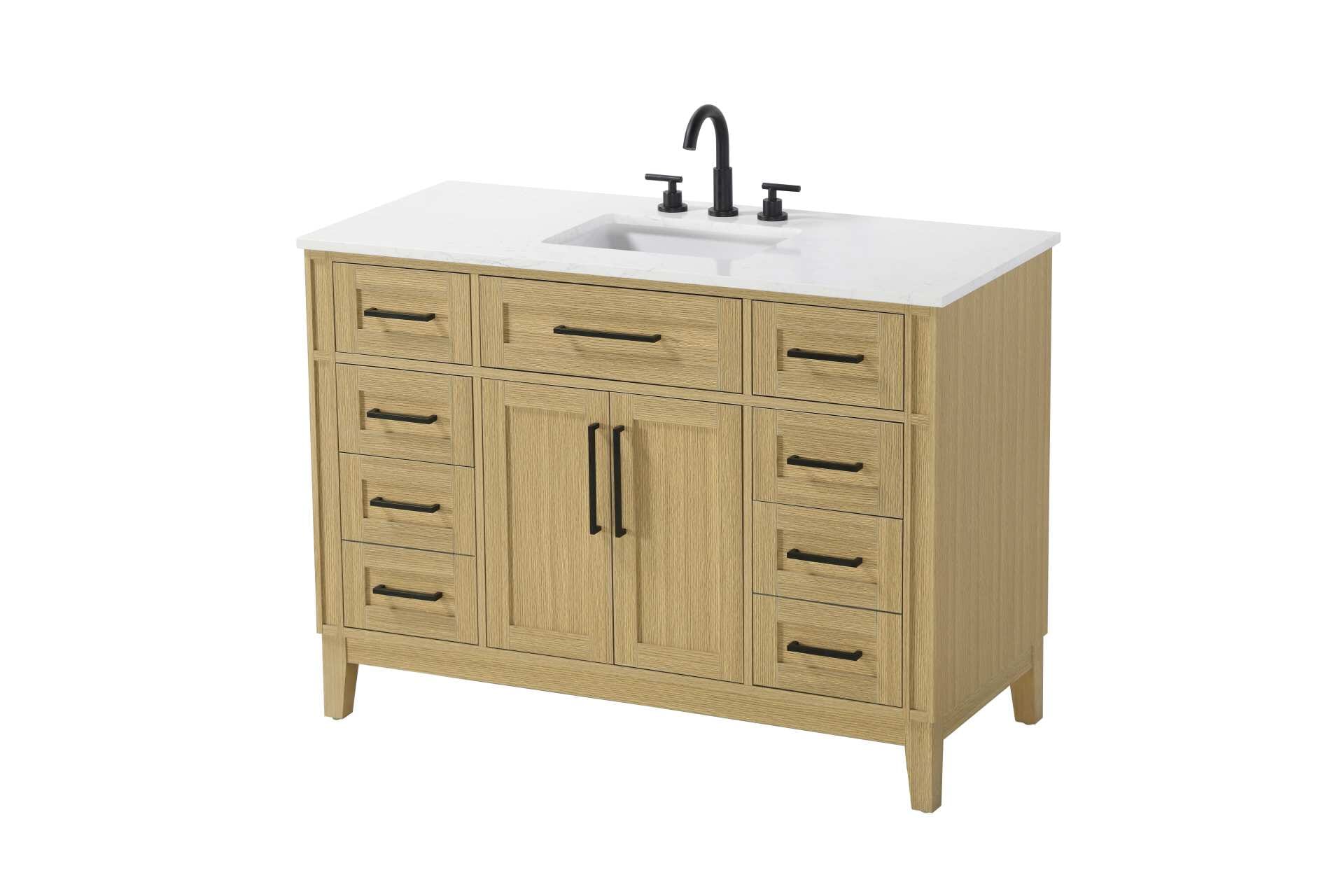 Dimensions
Length: 48"
Width: 21.5"
Height: 35"
Counter Top Length: 48"
Counter Top Width: 21.5"
Counter Top Height: 0.75"
Sink Width: 15.375"
Sink Depth: 10.875"
Sink Height: 7"
Sink Drain Hole Size: 1.75"
Faucet Hole Spacing: 8"3 Holes"
Specifications
Assembly Required: YES
Base Material: Solid wood and MDF
Counter Top Edge Style: straight
Counter Top Finish: Marble white
Distressed Finish: NO
Drain Assembly Included: NO
Faucet Included: NO
Faucet Type: Widespread
Finish (Color): Honey Brown
Vanity Material: Solid Wood and MDF
Hardware Finish: Black
Harware Material: Aluminum alloy
Number of Faucet Holes: 3
Number of Sinks: 1
Product Shape: Rectangle
Product Type: Bathroom Vanities
Product Warranty: 1 year limited
Sink Mounting Type: Undermount
Vanity Backsplash: NO
Vanity Mounting Type: Free-Standing
260
Wire Included: No
Wood Type: Rubber wood
Shipment type: LTL
Drawers
Drawers Included: yes
Number of Drawers: 7
False Drawers: Yes
Drawer Width: dw1: 19.625
dw2: 10.75
dw3: 10.75
dw4: 10.75
Drawer Depth: dw1: 3.625
dw2: 15.125
dw3: 15.125 dw4:15.125
Drawer Height: dw1: 6.375
dw2: 6.375
dw3: 6.375
dw4: 12.75
Drawer Handle Designs: Bar pulls
Shelves
Number of Shelves: 1
Shelf Width: 19.5
Cabinets
Number of Cabinets: 1
Cabinet Interior Width: 19.5
Cabinet Interior Depth: 16.875
Cabinet Interior Height: 19.125 - alternate view