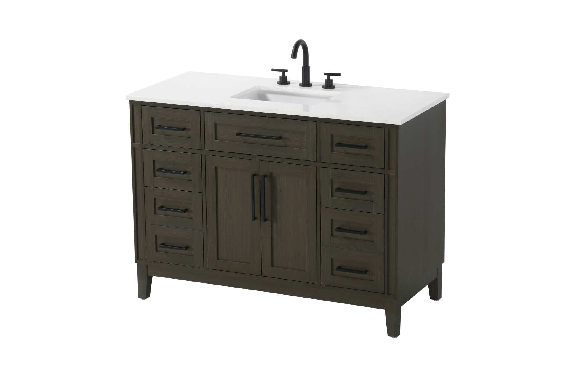 Dimensions
Length: 48"
Width: 21.5"
Height: 35"
Counter Top Length: 48"
Counter Top Width: 21.5"
Counter Top Height: 0.75"
Sink Width: 15.375"
Sink Depth: 10.875"
Sink Height: 7"
Sink Drain Hole Size: 1.75"
Faucet Hole Spacing: 8"3 Holes"
Specifications
Assembly Required: YES
Base Material: Solid wood and MDF
Counter Top Edge Style: straight
Counter Top Finish: Marble white
Distressed Finish: NO
Drain Assembly Included: NO
Faucet Included: NO
Faucet Type: Widespread
Finish (Color): Mocha Brown
Vanity Material: Solid Wood and MDF
Hardware Finish: Black
Harware Material: Aluminum alloy
Number of Faucet Holes: 3
Number of Sinks: 1
Product Shape: Rectangle
Product Type: Bathroom Vanities
Product Warranty: 1 year limited
Sink Mounting Type: Undermount
Vanity Backsplash: NO
Vanity Mounting Type: Free-Standing
260
Wire Included: No
Wood Type: Rubber wood
Shipment type: LTL
Drawers
Drawers Included: yes
Number of Drawers: 7
False Drawers: Yes
Drawer Width: dw1: 19.625
dw2: 10.75
dw3: 10.75
dw4: 10.75
Drawer Depth: dw1: 3.625
dw2: 15.125
dw3: 15.125 dw4:15.125
Drawer Height: dw1: 6.375
dw2: 6.375
dw3: 6.375
dw4: 12.75
Drawer Handle Designs: Bar pulls
Shelves
Number of Shelves: 1
Shelf Width: 19.5
Cabinets
Number of Cabinets: 1
Cabinet Interior Width: 19.5
Cabinet Interior Depth: 16.875
Cabinet Interior Height: 19.125 - alternate view