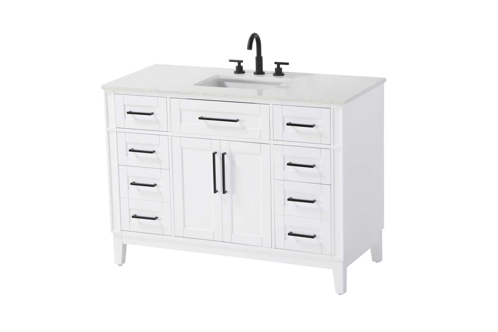 Dimensions
Length: 48"
Width: 21.5"
Height: 35"
Counter Top Length: 48"
Counter Top Width: 21.5"
Counter Top Height: 0.75"
Sink Width: 15.375"
Sink Depth: 10.875"
Sink Height: 7"
Sink Drain Hole Size: 1.75"
Faucet Hole Spacing: 8"3 Holes"
Specifications
Assembly Required: YES
Base Material: Solid wood and MDF
Counter Top Edge Style: straight
Counter Top Finish: Marble white
Distressed Finish: NO
Drain Assembly Included: NO
Faucet Included: NO
Faucet Type: Widespread
Finish (Color): White
Vanity Material: Solid Wood and MDF
Hardware Finish: Black
Harware Material: Aluminum alloy
Number of Faucet Holes: 3
Number of Sinks: 1
Product Shape: Rectangle
Product Type: Bathroom Vanities
Product Warranty: 1 year limited
Sink Mounting Type: Undermount
Vanity Backsplash: NO
Vanity Mounting Type: Free-Standing
235
Wire Included: No
Wood Type: Rubber wood
Shipment type: LTL
Drawers
Drawers Included: yes
Number of Drawers: 7
False Drawers: Yes
Drawer Width: dw1: 19.625
dw2: 10.75
dw3: 10.75
dw4: 10.75
Drawer Depth: dw1: 3.625
dw2: 15.125
dw3: 15.125 dw4:15.125
Drawer Height: dw1: 6.375
dw2: 6.375
dw3: 6.375
dw4: 12.75
Drawer Handle Designs: Bar pulls
Shelves
Number of Shelves: 1
Shelf Width: 19.5
Cabinets
Number of Cabinets: 1
Cabinet Interior Width: 19.5
Cabinet Interior Depth: 16.875
Cabinet Interior Height: 19.125 - alternate view