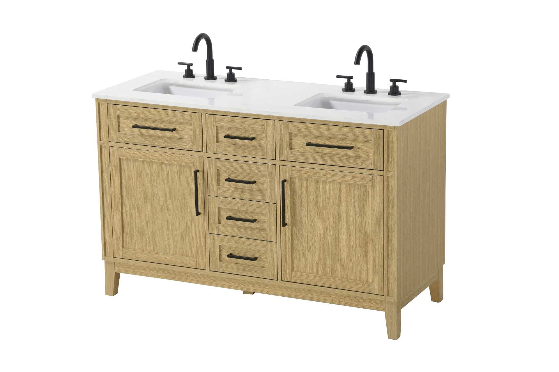 Dimensions
Length: 54"
Width: 21.5"
Height: 35"
Counter Top Length: 54"
Counter Top Width: 21.5"
Counter Top Height: 0.75"
Sink Width: 15.375"
Sink Depth: 10.875"
Sink Height: 7"
Sink Drain Hole Size: 1.75"
Faucet Hole Spacing: 8"3 Holes"
Specifications
Assembly Required: YES
Base Material: Solid wood and MDF
Counter Top Edge Style: straight
Counter Top Finish: Marble white
Distressed Finish: NO
Drain Assembly Included: NO
Faucet Included: NO
Faucet Type: Widespread
Finish (Color): Honey Brown
Vanity Material: Solid Wood and MDF
Hardware Finish: Black
Harware Material: Aluminum alloy
Number of Faucet Holes: 6
Number of Sinks: 2
Product Shape: Rectangle
Product Type: Bathroom Vanities
Product Warranty: 1 year limited
Sink Mounting Type: Undermount
Vanity Backsplash: NO
Vanity Mounting Type: Free-Standing
260
Wire Included: No
Wood Type: Rubber wood
Shipment type: LTL
Drawers
Drawers Included: yes
Number of Drawers: 5
False Drawers: Yes
Drawer Width: dw1: 17.5
dw2: 12.25
dw3: 12.25
dw4: 12.25
Drawer Depth: dw1: 3.625
dw2: 15.125
dw3: 15.125 dw4:15.125
Drawer Height: dw1: 6.375
dw2: 6.375
dw3: 6.375
dw4: 12.75
Drawer Handle Designs: Bar pulls
Shelves
Number of Shelves: 2
Shelf Width: 17.5
Cabinets
Number of Cabinets: 2
Cabinet Interior Width: 17.5
Cabinet Interior Depth: 16.875
Cabinet Interior Height: 19.125 - alternate view
