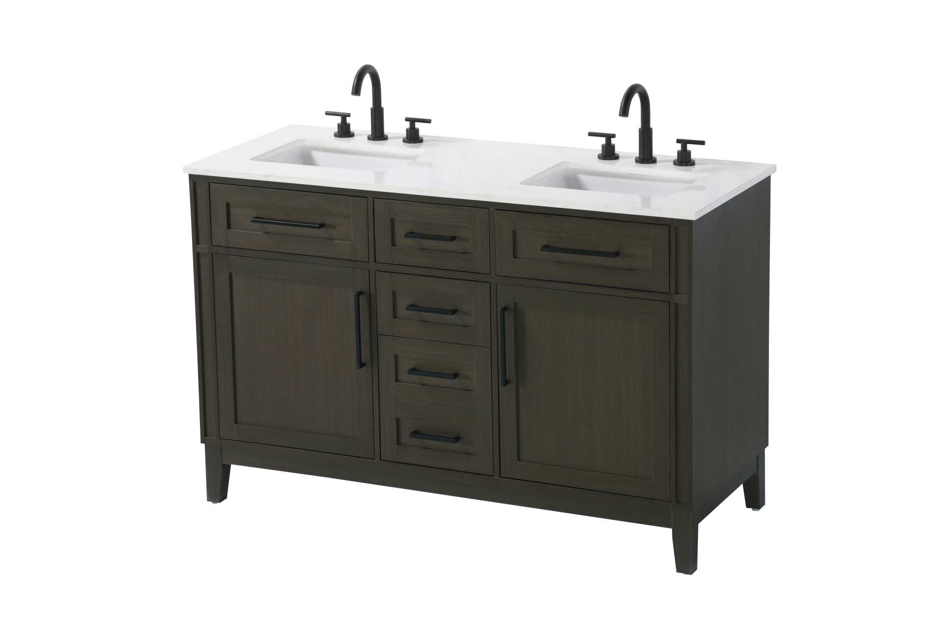 Dimensions
Length: 54"
Width: 21.5"
Height: 35"
Counter Top Length: 54"
Counter Top Width: 21.5"
Counter Top Height: 0.75"
Sink Width: 15.375"
Sink Depth: 10.875"
Sink Height: 7"
Sink Drain Hole Size: 1.75"
Faucet Hole Spacing: 8"3 Holes"
Specifications
Assembly Required: YES
Base Material: Solid wood and MDF
Counter Top Edge Style: straight
Counter Top Finish: Marble white
Distressed Finish: NO
Drain Assembly Included: NO
Faucet Included: NO
Faucet Type: Widespread
Finish (Color): Mocha Brown
Vanity Material: Solid Wood and MDF
Hardware Finish: Black
Harware Material: Aluminum alloy
Number of Faucet Holes: 6
Number of Sinks: 2
Product Shape: Rectangle
Product Type: Bathroom Vanities
Product Warranty: 1 year limited
Sink Mounting Type: Undermount
Vanity Backsplash: NO
Vanity Mounting Type: Free-Standing
260
Wire Included: No
Wood Type: Rubber wood
Shipment type: LTL
Drawers
Drawers Included: yes
Number of Drawers: 5
False Drawers: Yes
Drawer Width: dw1: 17.5
dw2: 12.25
dw3: 12.25
dw4: 12.25
Drawer Depth: dw1: 3.625
dw2: 15.125
dw3: 15.125 dw4:15.125
Drawer Height: dw1: 6.375
dw2: 6.375
dw3: 6.375
dw4: 12.75
Drawer Handle Designs: Bar pulls
Shelves
Number of Shelves: 2
Shelf Width: 17.5
Cabinets
Number of Cabinets: 2
Cabinet Interior Width: 17.5
Cabinet Interior Depth: 16.875
Cabinet Interior Height: 19.125 - alternate view