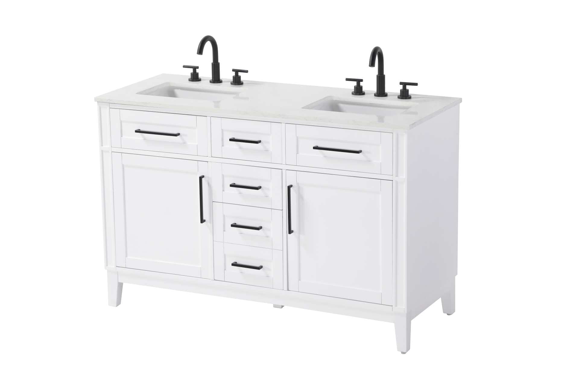 Dimensions
Length: 54"
Width: 21.5"
Height: 35"
Counter Top Length: 54"
Counter Top Width: 21.5"
Counter Top Height: 0.75"
Sink Width: 15.375"
Sink Depth: 10.875"
Sink Height: 7"
Sink Drain Hole Size: 1.75"
Faucet Hole Spacing: 8"3 Holes"
Specifications
Assembly Required: YES
Base Material: Solid wood and MDF
Counter Top Edge Style: straight
Counter Top Finish: Marble white
Distressed Finish: NO
Drain Assembly Included: NO
Faucet Included: NO
Faucet Type: Widespread
Finish (Color): White
Vanity Material: Solid Wood and MDF
Hardware Finish: Black
Harware Material: Aluminum alloy
Number of Faucet Holes: 6
Number of Sinks: 2
Product Shape: Rectangle
Product Type: Bathroom Vanities
Product Warranty: 1 year limited
Sink Mounting Type: Undermount
Vanity Backsplash: NO
Vanity Mounting Type: Free-Standing
238
Wire Included: No
Wood Type: Rubber wood
Shipment type: LTL
Drawers
Drawers Included: yes
Number of Drawers: 5
False Drawers: Yes
Drawer Width: dw1: 17.5
dw2: 12.25
dw3: 12.25
dw4: 12.25
Drawer Depth: dw1: 3.625
dw2: 15.125
dw3: 15.125 dw4:15.125
Drawer Height: dw1: 6.375
dw2: 6.375
dw3: 6.375
dw4: 12.75
Drawer Handle Designs: Bar pulls
Shelves
Number of Shelves: 2
Shelf Width: 17.5
Cabinets
Number of Cabinets: 2
Cabinet Interior Width: 17.5
Cabinet Interior Depth: 16.875
Cabinet Interior Height: 19.125 - alternate view