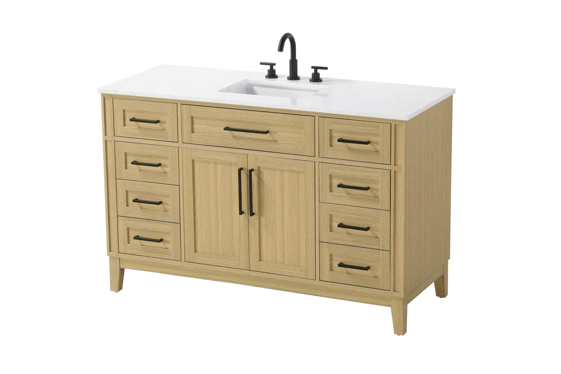 Dimensions
Length: 54"
Width: 21.5"
Height: 35"
Counter Top Length: 54"
Counter Top Width: 21.5"
Counter Top Height: 0.75"
Sink Width: 15.375"
Sink Depth: 10.875"
Sink Height: 7"
Sink Drain Hole Size: 1.75"
Faucet Hole Spacing: 8"3 Holes"
Specifications
Assembly Required: YES
Base Material: Solid wood and MDF
Counter Top Edge Style: straight
Counter Top Finish: Marble white
Distressed Finish: NO
Drain Assembly Included: NO
Faucet Included: NO
Faucet Type: Widespread
Finish (Color): Honey Brown
Vanity Material: Solid Wood and MDF
Hardware Finish: Black
Harware Material: Aluminum alloy
Number of Faucet Holes: 3
Number of Sinks: 1
Product Shape: Rectangle
Product Type: Bathroom Vanities
Product Warranty: 1 year limited
Sink Mounting Type: Undermount
Vanity Backsplash: NO
Vanity Mounting Type: Free-Standing
279
Wire Included: No
Wood Type: Rubber wood
Shipment type: LTL
Drawers
Drawers Included: yes
Number of Drawers: 7
False Drawers: Yes
Drawer Width: dw1: 23.5
dw2: 11.75
dw3: 11.75
dw4: 11.75
Drawer Depth: dw1: 3.625
dw2: 15.125
dw3: 15.125 dw4:15.125
Drawer Height: dw1: 6.375
dw2: 6.375
dw3: 6.375
dw4: 12.75
Drawer Handle Designs: Bar pulls
Shelves
Number of Shelves: 1
Shelf Width: 23.5
Cabinets
Number of Cabinets: 1
Cabinet Interior Width: 23.5
Cabinet Interior Depth: 16.875
Cabinet Interior Height: 19.125 - alternate view