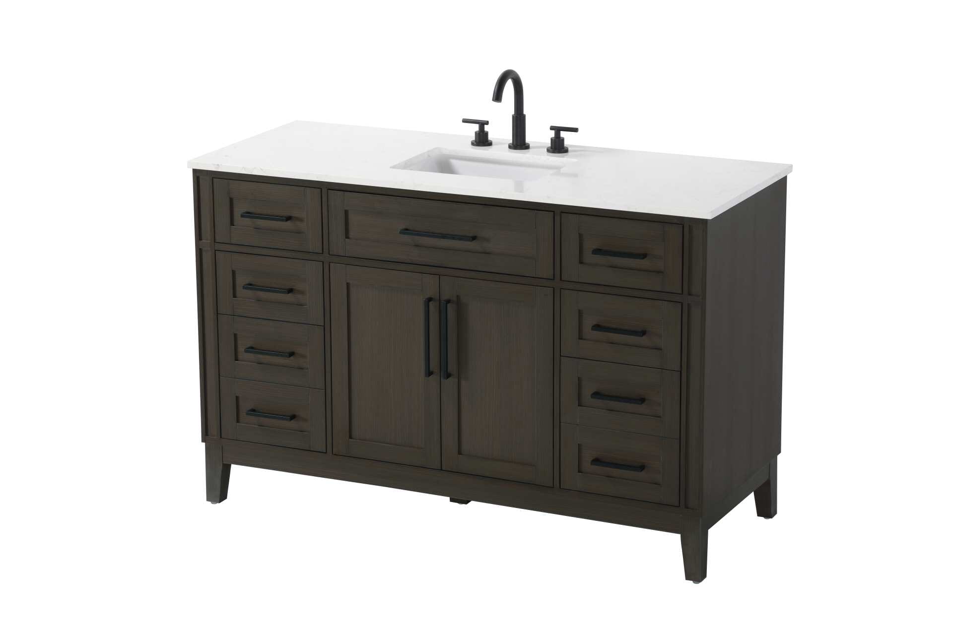Dimensions
Length: 54"
Width: 21.5"
Height: 35"
Counter Top Length: 54"
Counter Top Width: 21.5"
Counter Top Height: 0.75"
Sink Width: 15.375"
Sink Depth: 10.875"
Sink Height: 7"
Sink Drain Hole Size: 1.75"
Faucet Hole Spacing: 8"3 Holes"
Specifications
Assembly Required: YES
Base Material: Solid wood and MDF
Counter Top Edge Style: straight
Counter Top Finish: Marble white
Distressed Finish: NO
Drain Assembly Included: NO
Faucet Included: NO
Faucet Type: Widespread
Finish (Color): Mocha Brown
Vanity Material: Solid Wood and MDF
Hardware Finish: Black
Harware Material: Aluminum alloy
Number of Faucet Holes: 3
Number of Sinks: 1
Product Shape: Rectangle
Product Type: Bathroom Vanities
Product Warranty: 1 year limited
Sink Mounting Type: Undermount
Vanity Backsplash: NO
Vanity Mounting Type: Free-Standing
279
Wire Included: No
Wood Type: Rubber wood
Shipment type: LTL
Drawers
Drawers Included: yes
Number of Drawers: 7
False Drawers: Yes
Drawer Width: dw1: 23.5
dw2: 11.75
dw3: 11.75
dw4: 11.75
Drawer Depth: dw1: 3.625
dw2: 15.125
dw3: 15.125 dw4:15.125
Drawer Height: dw1: 6.375
dw2: 6.375
dw3: 6.375
dw4: 12.75
Drawer Handle Designs: Bar pulls
Shelves
Number of Shelves: 1
Shelf Width: 23.5
Cabinets
Number of Cabinets: 1
Cabinet Interior Width: 23.5
Cabinet Interior Depth: 16.875
Cabinet Interior Height: 19.125 - alternate view