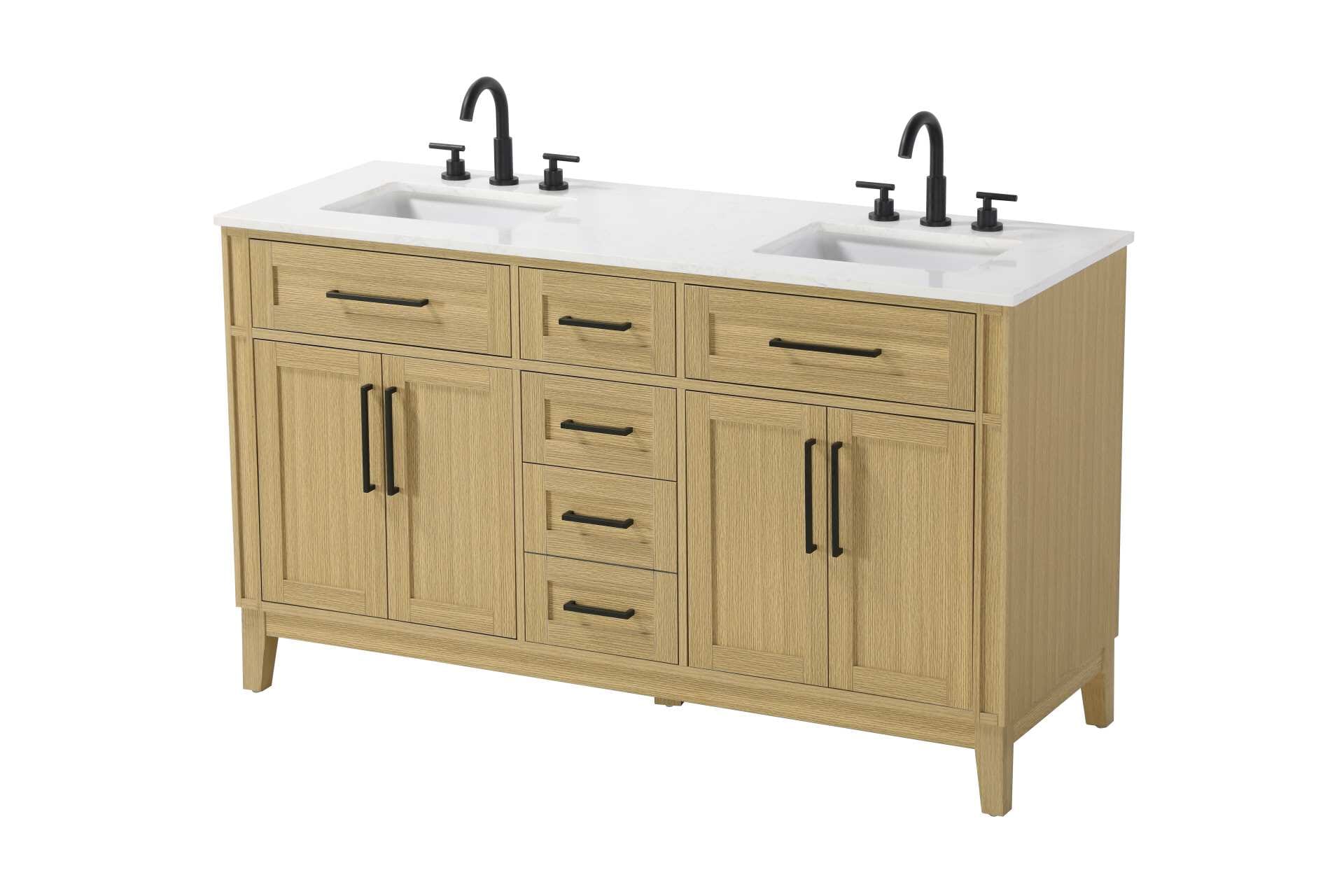 Dimensions
Length: 60"
Width: 21.5"
Height: 35"
Counter Top Length: 60"
Counter Top Width: 21.5"
Counter Top Height: 0.75"
Sink Width: 15.375"
Sink Depth: 10.875"
Sink Height: 7"
Sink Drain Hole Size: 1.75"
Faucet Hole Spacing: 8"3 Holes"
Specifications
Assembly Required: YES
Base Material: Solid wood and MDF
Counter Top Edge Style: straight
Counter Top Finish: Marble white
Distressed Finish: NO
Drain Assembly Included: NO
Faucet Included: NO
Faucet Type: Widespread
Finish (Color): Honey Brown
Vanity Material: Solid Wood and MDF
Hardware Finish: Black
Harware Material: Aluminum alloy
Number of Faucet Holes: 6
Number of Sinks: 2
Product Shape: Rectangle
Product Type: Bathroom Vanities
Product Warranty: 1 year limited
Sink Mounting Type: Undermount
Vanity Backsplash: NO
Vanity Mounting Type: Free-Standing
290
Wire Included: No
Wood Type: Rubber wood
Shipment type: LTL
Drawers
Drawers Included: yes
Number of Drawers: 5
False Drawers: Yes
Drawer Width: dw1: 20.625
dw2: 11.75
dw3: 11.75
dw4: 11.75
Drawer Depth: dw1: 3.625
dw2: 15.125
dw3: 15.125 dw4:15.125
Drawer Height: dw1: 6.375
dw2: 6.375
dw3: 6.375
dw4: 12.75
Drawer Handle Designs: Bar pulls
Shelves
Number of Shelves: 2
Shelf Width: 20.5
Cabinets
Number of Cabinets: 2
Cabinet Interior Width: 20.5
Cabinet Interior Depth: 16.875
Cabinet Interior Height: 19.125 - alternate view