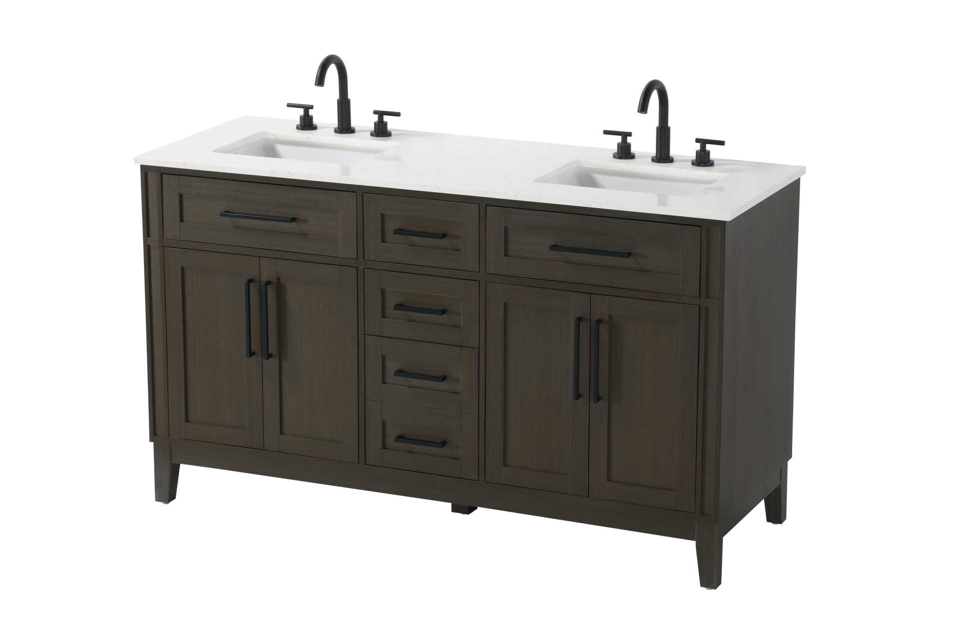 Dimensions
Length: 60"
Width: 21.5"
Height: 35"
Counter Top Length: 60"
Counter Top Width: 21.5"
Counter Top Height: 0.75"
Sink Width: 15.375"
Sink Depth: 10.875"
Sink Height: 7"
Sink Drain Hole Size: 1.75"
Faucet Hole Spacing: 8"3 Holes"
Specifications
Assembly Required: YES
Base Material: Solid wood and MDF
Counter Top Edge Style: straight
Counter Top Finish: Marble white
Distressed Finish: NO
Drain Assembly Included: NO
Faucet Included: NO
Faucet Type: Widespread
Finish (Color): Mocha Brown
Vanity Material: Solid Wood and MDF
Hardware Finish: Black
Harware Material: Aluminum alloy
Number of Faucet Holes: 6
Number of Sinks: 2
Product Shape: Rectangle
Product Type: Bathroom Vanities
Product Warranty: 1 year limited
Sink Mounting Type: Undermount
Vanity Backsplash: NO
Vanity Mounting Type: Free-Standing
290
Wire Included: No
Wood Type: Rubber wood
Shipment type: LTL
Drawers
Drawers Included: yes
Number of Drawers: 5
False Drawers: Yes
Drawer Width: dw1: 20.625
dw2: 11.75
dw3: 11.75
dw4: 11.75
Drawer Depth: dw1: 3.625
dw2: 15.125
dw3: 15.125 dw4:15.125
Drawer Height: dw1: 6.375
dw2: 6.375
dw3: 6.375
dw4: 12.75
Drawer Handle Designs: Bar pulls
Shelves
Number of Shelves: 2
Shelf Width: 20.5
Cabinets
Number of Cabinets: 2
Cabinet Interior Width: 20.5
Cabinet Interior Depth: 16.875
Cabinet Interior Height: 19.125 - alternate view