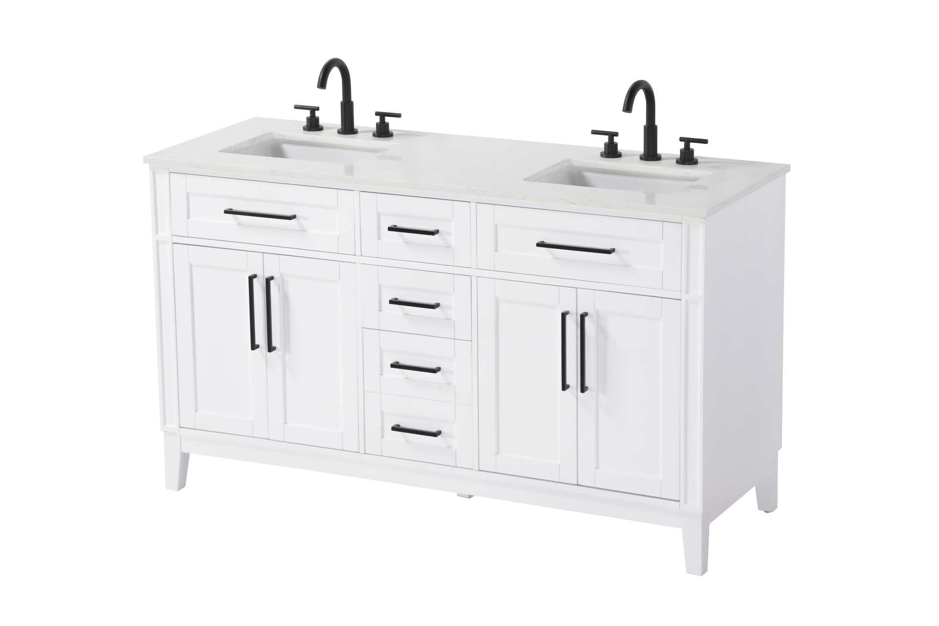 Dimensions
Length: 60"
Width: 21.5"
Height: 35"
Counter Top Length: 60"
Counter Top Width: 21.5"
Counter Top Height: 0.75"
Sink Width: 15.375"
Sink Depth: 10.875"
Sink Height: 7"
Sink Drain Hole Size: 1.75"
Faucet Hole Spacing: 8"3 Holes"
Specifications
Assembly Required: YES
Base Material: Solid wood and MDF
Counter Top Edge Style: straight
Counter Top Finish: Marble white
Distressed Finish: NO
Drain Assembly Included: NO
Faucet Included: NO
Faucet Type: Widespread
Finish (Color): White
Vanity Material: Solid Wood and MDF
Hardware Finish: Black
Harware Material: Aluminum alloy
Number of Faucet Holes: 6
Number of Sinks: 2
Product Shape: Rectangle
Product Type: Bathroom Vanities
Product Warranty: 1 year limited
Sink Mounting Type: Undermount
Vanity Backsplash: NO
Vanity Mounting Type: Free-Standing
257
Wire Included: No
Wood Type: Rubber wood
Shipment type: LTL
Drawers
Drawers Included: yes
Number of Drawers: 5
False Drawers: Yes
Drawer Width: dw1: 20.625
dw2: 11.75
dw3: 11.75
dw4: 11.75
Drawer Depth: dw1: 3.625
dw2: 15.125
dw3: 15.125 dw4:15.125
Drawer Height: dw1: 6.375
dw2: 6.375
dw3: 6.375
dw4: 12.75
Drawer Handle Designs: Bar pulls
Shelves
Number of Shelves: 2
Shelf Width: 20.5
Cabinets
Number of Cabinets: 2
Cabinet Interior Width: 20.5
Cabinet Interior Depth: 16.875
Cabinet Interior Height: 19.125 - alternate view