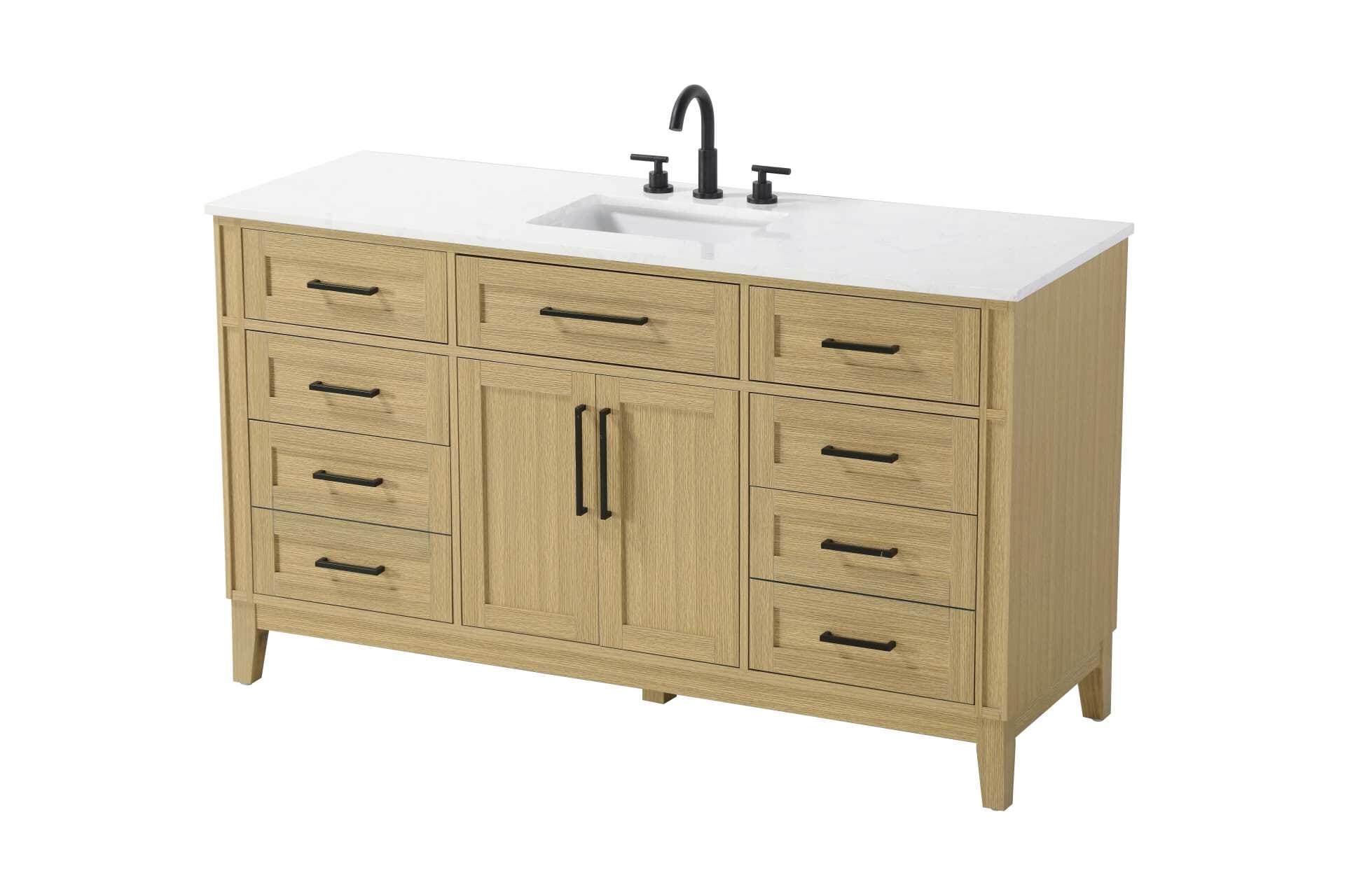 Dimensions
Length: 60"
Width: 21.5"
Height: 35"
Counter Top Length: 60"
Counter Top Width: 21.5"
Counter Top Height: 0.75"
Sink Width: 15.375"
Sink Depth: 10.875"
Sink Height: 7"
Sink Drain Hole Size: 1.75"
Faucet Hole Spacing: 8"3 Holes"
Specifications
Assembly Required: YES
Base Material: Solid wood and MDF
Counter Top Edge Style: straight
Counter Top Finish: Marble white
Distressed Finish: NO
Drain Assembly Included: NO
Faucet Included: NO
Faucet Type: Widespread
Finish (Color): Honey Brown
Vanity Material: Solid Wood and MDF
Hardware Finish: Black
Harware Material: Aluminum alloy
Number of Faucet Holes: 3
Number of Sinks: 1
Product Shape: Rectangle
Product Type: Bathroom Vanities
Product Warranty: 1 year limited
Sink Mounting Type: Undermount
Vanity Backsplash: NO
Vanity Mounting Type: Free-Standing
310
Wire Included: No
Wood Type: Rubber wood
Shipment type: LTL
Drawers
Drawers Included: yes
Number of Drawers: 7
False Drawers: Yes
Drawer Width: dw1: 21.125
dw2: 16
dw3: 16
dw4: 16
Drawer Depth: dw1: 3.625
dw2: 15.125
dw3: 15.125 dw4:15.125
Drawer Height: dw1: 6.375
dw2: 6.375
dw3: 6.375
dw4: 12.75
Drawer Handle Designs: Bar pulls
Shelves
Number of Shelves: 1
Shelf Width: 21
Cabinets
Number of Cabinets: 1
Cabinet Interior Width: 21
Cabinet Interior Depth: 16.875
Cabinet Interior Height: 19.125 - alternate view