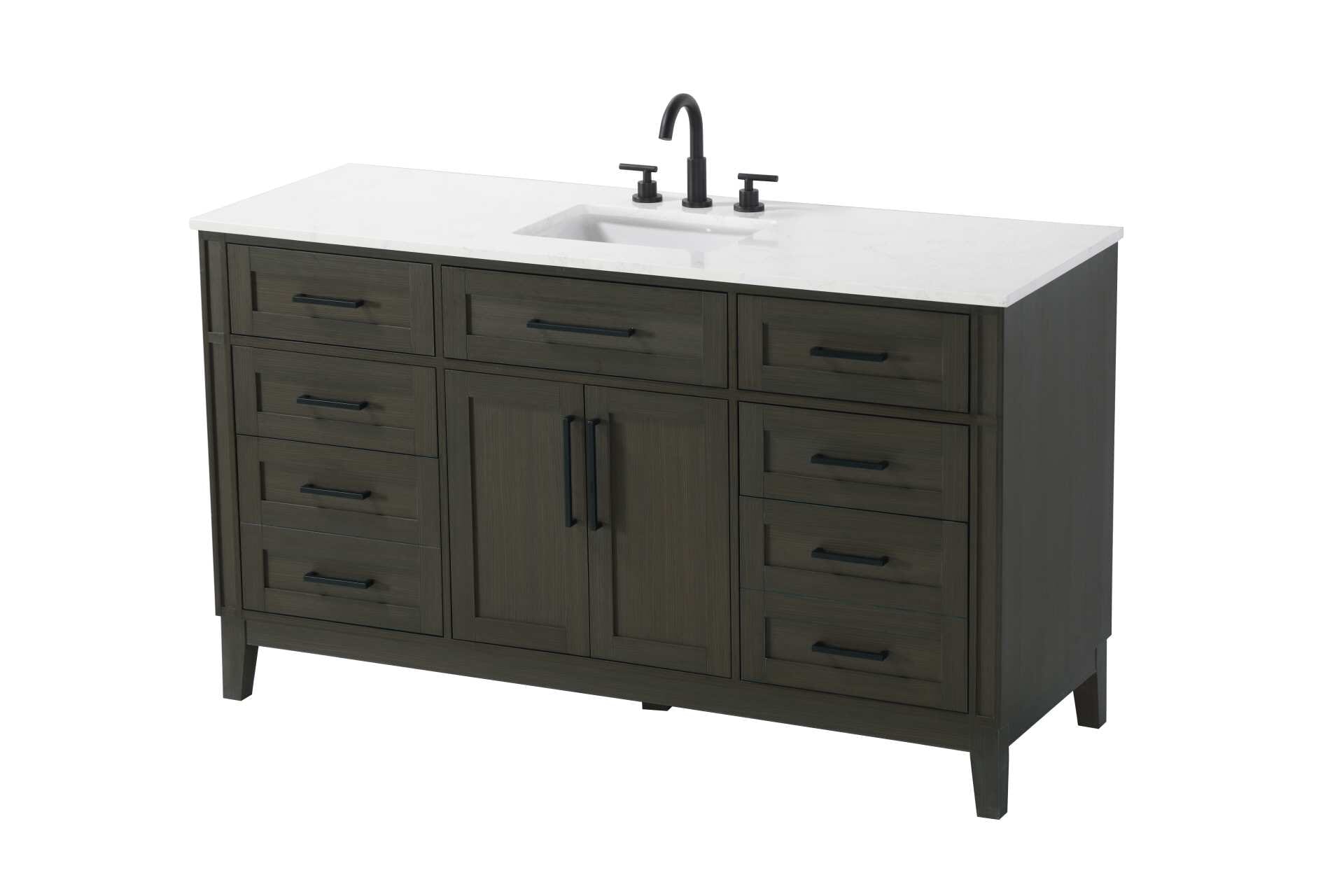 Dimensions
Length: 60"
Width: 21.5"
Height: 35"
Counter Top Length: 60"
Counter Top Width: 21.5"
Counter Top Height: 0.75"
Sink Width: 15.375"
Sink Depth: 10.875"
Sink Height: 7"
Sink Drain Hole Size: 1.75"
Faucet Hole Spacing: 8"3 Holes"
Specifications
Assembly Required: YES
Base Material: Solid wood and MDF
Counter Top Edge Style: straight
Counter Top Finish: Marble white
Distressed Finish: NO
Drain Assembly Included: NO
Faucet Included: NO
Faucet Type: Widespread
Finish (Color): Mocha Brown
Vanity Material: Solid Wood and MDF
Hardware Finish: Black
Harware Material: Aluminum alloy
Number of Faucet Holes: 3
Number of Sinks: 1
Product Shape: Rectangle
Product Type: Bathroom Vanities
Product Warranty: 1 year limited
Sink Mounting Type: Undermount
Vanity Backsplash: NO
Vanity Mounting Type: Free-Standing
310
Wire Included: No
Wood Type: Rubber wood
Shipment type: LTL
Drawers
Drawers Included: yes
Number of Drawers: 7
False Drawers: Yes
Drawer Width: dw1: 21.125
dw2: 16
dw3: 16
dw4: 16
Drawer Depth: dw1: 3.625
dw2: 15.125
dw3: 15.125 dw4:15.125
Drawer Height: dw1: 6.375
dw2: 6.375
dw3: 6.375
dw4: 12.75
Drawer Handle Designs: Bar pulls
Shelves
Number of Shelves: 1
Shelf Width: 21
Cabinets
Number of Cabinets: 1
Cabinet Interior Width: 21
Cabinet Interior Depth: 16.875
Cabinet Interior Height: 19.125 - alternate view