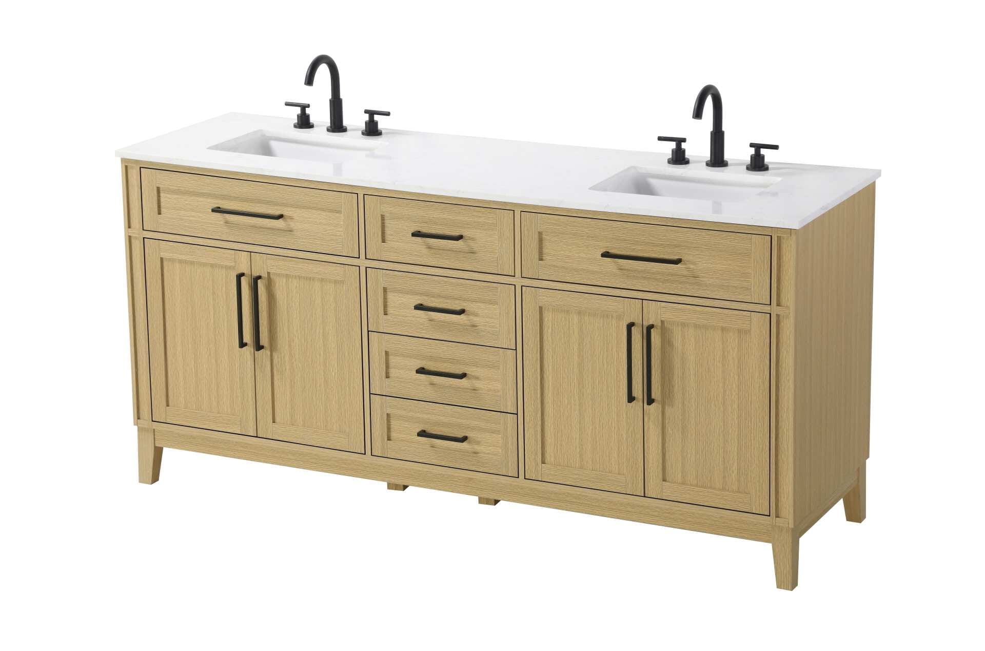 Dimensions
Length: 72"
Width: 21.5"
Height: 35"
Counter Top Length: 72"
Counter Top Width: 21.5"
Counter Top Height: 0.75"
Sink Width: 15.375"
Sink Depth: 10.875"
Sink Height: 7"
Sink Drain Hole Size: 1.75"
Faucet Hole Spacing: 8"3 Holes"
Specifications
Assembly Required: YES
Base Material: Solid wood and MDF
Counter Top Edge Style: straight
Counter Top Finish: Marble white
Distressed Finish: NO
Drain Assembly Included: NO
Faucet Included: NO
Faucet Type: Widespread
Finish (Color): Honey Brown
Vanity Material: Solid Wood and MDF
Hardware Finish: Black
Harware Material: Aluminum alloy
Number of Faucet Holes: 6
Number of Sinks: 2
Product Shape: Rectangle
Product Type: Bathroom Vanities
Product Warranty: 1 year limited
Sink Mounting Type: Undermount
Vanity Backsplash: NO
Vanity Mounting Type: Free-Standing
330
Wire Included: No
Wood Type: Rubber wood
Shipment type: LTL
Drawers
Drawers Included: yes
Number of Drawers: 5
False Drawers: Yes
Drawer Width: dw1: 24.625
dw2: 16
dw3: 16
dw4: 16
Drawer Depth: dw1: 3.625
dw2: 15.125
dw3: 15.125 dw4:15.125
Drawer Height: dw1: 6.375
dw2: 6.375
dw3: 6.375
dw4: 12.75
Drawer Handle Designs: Bar pulls
Shelves
Number of Shelves: 2
Shelf Width: 25
Cabinets
Number of Cabinets: 2
Cabinet Interior Width: 25
Cabinet Interior Depth: 16.875
Cabinet Interior Height: 19.125 - alternate view