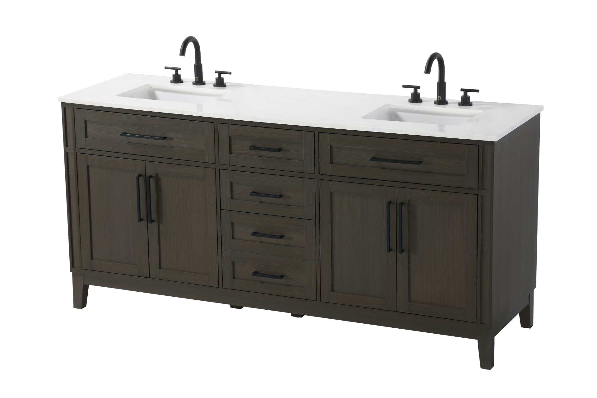 Dimensions
Length: 72"
Width: 21.5"
Height: 35"
Counter Top Length: 72"
Counter Top Width: 21.5"
Counter Top Height: 0.75"
Sink Width: 15.375"
Sink Depth: 10.875"
Sink Height: 7"
Sink Drain Hole Size: 1.75"
Faucet Hole Spacing: 8"3 Holes"
Specifications
Assembly Required: YES
Base Material: Solid wood and MDF
Counter Top Edge Style: straight
Counter Top Finish: Marble white
Distressed Finish: NO
Drain Assembly Included: NO
Faucet Included: NO
Faucet Type: Widespread
Finish (Color): Mocha Brown
Vanity Material: Solid Wood and MDF
Hardware Finish: Black
Harware Material: Aluminum alloy
Number of Faucet Holes: 6
Number of Sinks: 2
Product Shape: Rectangle
Product Type: Bathroom Vanities
Product Warranty: 1 year limited
Sink Mounting Type: Undermount
Vanity Backsplash: NO
Vanity Mounting Type: Free-Standing
330
Wire Included: No
Wood Type: Rubber wood
Shipment type: LTL
Drawers
Drawers Included: yes
Number of Drawers: 5
False Drawers: Yes
Drawer Width: dw1: 24.625
dw2: 16
dw3: 16
dw4: 16
Drawer Depth: dw1: 3.625
dw2: 15.125
dw3: 15.125 dw4:15.125
Drawer Height: dw1: 6.375
dw2: 6.375
dw3: 6.375
dw4: 12.75
Drawer Handle Designs: Bar pulls
Shelves
Number of Shelves: 2
Shelf Width: 25
Cabinets
Number of Cabinets: 2
Cabinet Interior Width: 25
Cabinet Interior Depth: 16.875
Cabinet Interior Height: 19.125 - alternate view
