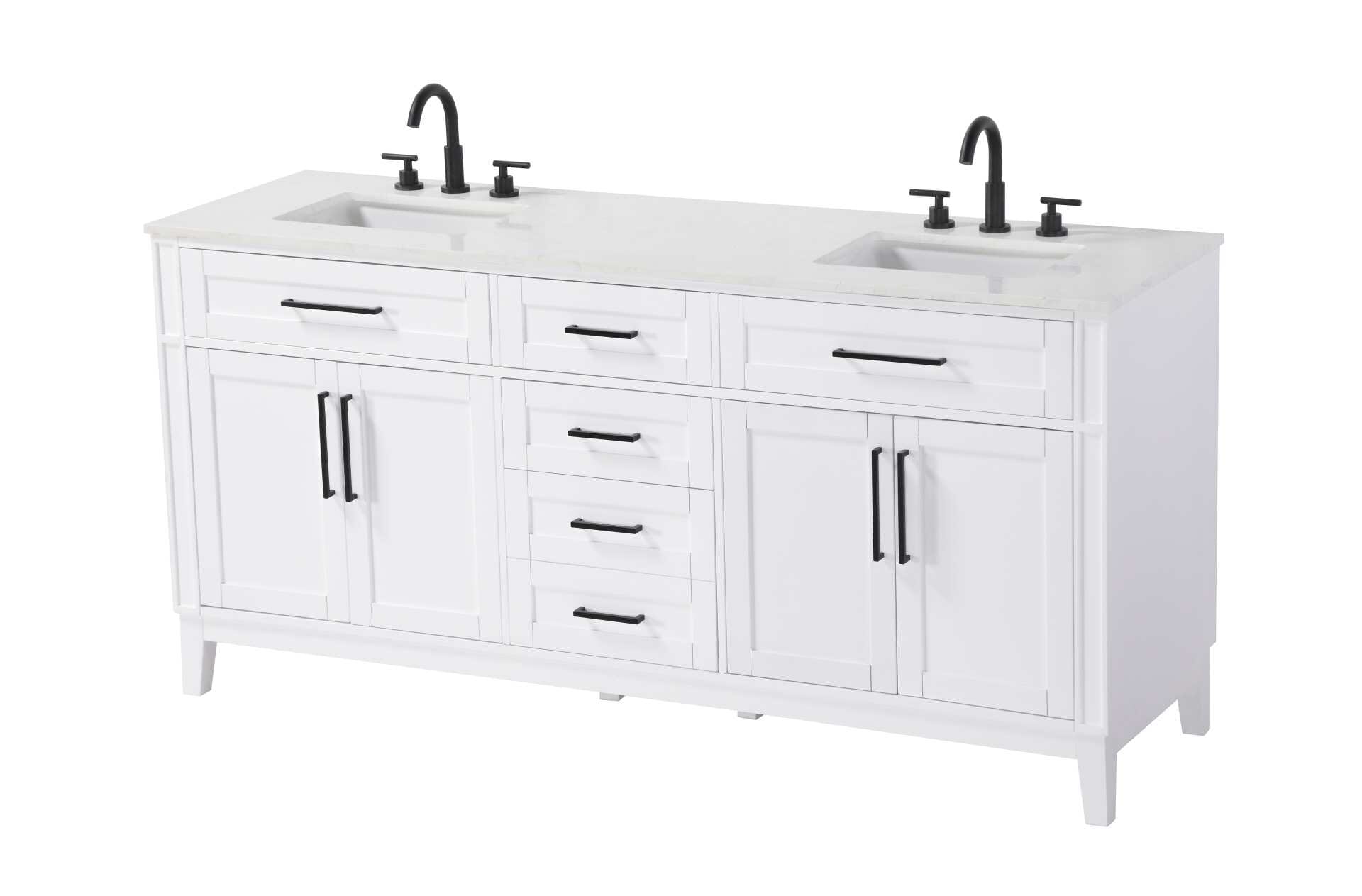 Dimensions
Length: 72"
Width: 21.5"
Height: 35"
Counter Top Length: 72"
Counter Top Width: 21.5"
Counter Top Height: 0.75"
Sink Width: 15.375"
Sink Depth: 10.875"
Sink Height: 7"
Sink Drain Hole Size: 1.75"
Faucet Hole Spacing: 8"3 Holes"
Specifications
Assembly Required: YES
Base Material: Solid wood and MDF
Counter Top Edge Style: straight
Counter Top Finish: Marble white
Distressed Finish: NO
Drain Assembly Included: NO
Faucet Included: NO
Faucet Type: Widespread
Finish (Color): White
Vanity Material: Solid Wood and MDF
Hardware Finish: Black
Harware Material: Aluminum alloy
Number of Faucet Holes: 6
Number of Sinks: 2
Product Shape: Rectangle
Product Type: Bathroom Vanities
Product Warranty: 1 year limited
Sink Mounting Type: Undermount
Vanity Backsplash: NO
Vanity Mounting Type: Free-Standing
297
Wire Included: No
Wood Type: Rubber wood
Shipment type: LTL
Drawers
Drawers Included: yes
Number of Drawers: 5
False Drawers: Yes
Drawer Width: dw1: 24.625
dw2: 16
dw3: 16
dw4: 16
Drawer Depth: dw1: 3.625
dw2: 15.125
dw3: 15.125 dw4:15.125
Drawer Height: dw1: 6.375
dw2: 6.375
dw3: 6.375
dw4: 12.75
Drawer Handle Designs: Bar pulls
Shelves
Number of Shelves: 2
Shelf Width: 25
Cabinets
Number of Cabinets: 2
Cabinet Interior Width: 25
Cabinet Interior Depth: 16.875
Cabinet Interior Height: 19.125 - alternate view