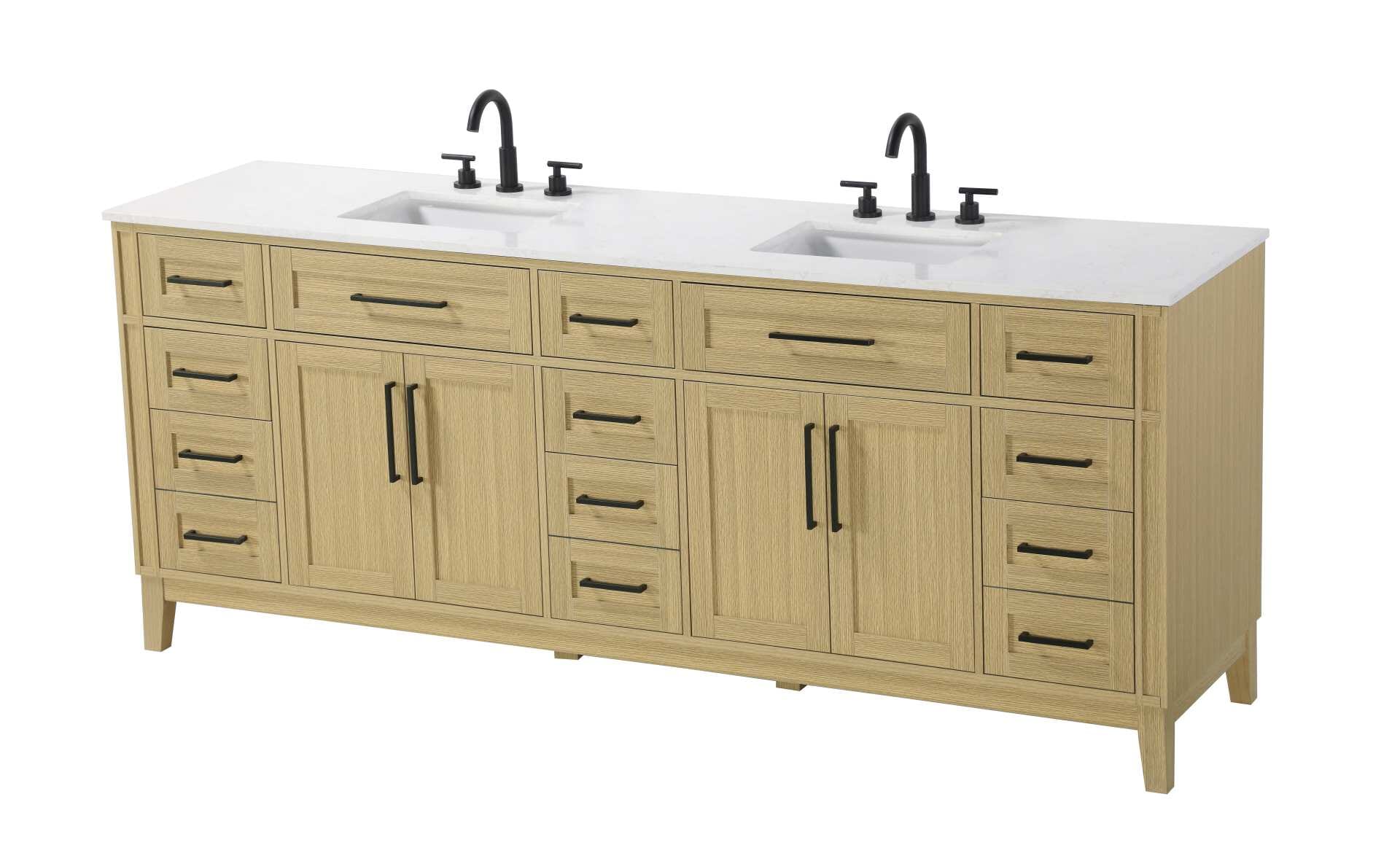 Dimensions
Length: 84"
Width: 21.5"
Height: 35"
Counter Top Length: 84"
Counter Top Width: 21.5"
Counter Top Height: 0.75"
Sink Width: 15.375"
Sink Depth: 10.875"
Sink Height: 7"
Sink Drain Hole Size: 1.75"
Faucet Hole Spacing: 8"3 Holes"
Specifications
Assembly Required: YES
Base Material: Solid wood and MDF
Counter Top Edge Style: straight
Counter Top Finish: Marble white
Distressed Finish: NO
Drain Assembly Included: NO
Faucet Included: NO
Faucet Type: Widespread
Finish (Color): Honey Brown
Vanity Material: Solid Wood and MDF
Hardware Finish: Black
Harware Material: Aluminum alloy
Number of Faucet Holes: 6
Number of Sinks: 2
Product Shape: Rectangle
Product Type: Bathroom Vanities
Product Warranty: 1 year limited
Sink Mounting Type: Undermount
Vanity Backsplash: NO
Vanity Mounting Type: Free-Standing
Weight: 392
Wire Included: No
Wood Type: Rubber wood
Shipment type: LTL
Drawers
Drawers Included: yes
Number of Drawers: 11
False Drawers: Yes
Drawer Width: dw1: 21.75
dw2: 10.75
dw3: 10.75
dw4: 10.75
Drawer Depth: dw1: 3.625
dw2: 15.125
dw3: 15.125 dw4:15.125
Drawer Height: dw1: 6.375
dw2: 6.375
dw3: 6.375
dw4: 12.75
Drawer Handle Designs: Bar pulls
Shelves
Number of Shelves: 2
Shelf Width: 21.75
Cabinets
Number of Cabinets: 2
Cabinet Interior Width: 21.75
Cabinet Interior Depth: 16.875
Cabinet Interior Height: 19.125 - alternate view