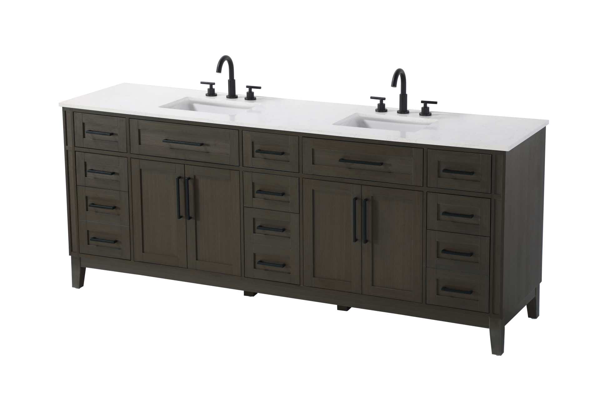 Dimensions
Length: 84"
Width: 21.5"
Height: 35"
Counter Top Length: 84"
Counter Top Width: 21.5"
Counter Top Height: 0.75"
Sink Width: 15.375"
Sink Depth: 10.875"
Sink Height: 7"
Sink Drain Hole Size: 1.75"
Faucet Hole Spacing: 8"3 Holes"
Specifications
Assembly Required: YES
Base Material: Solid wood and MDF
Counter Top Edge Style: straight
Counter Top Finish: Marble white
Distressed Finish: NO
Drain Assembly Included: NO
Faucet Included: NO
Faucet Type: Widespread
Finish (Color): Mocha Brown
Vanity Material: Solid Wood and MDF
Hardware Finish: Black
Harware Material: Aluminum alloy
Number of Faucet Holes: 6
Number of Sinks: 2
Product Shape: Rectangle
Product Type: Bathroom Vanities
Product Warranty: 1 year limited
Sink Mounting Type: Undermount
Vanity Backsplash: NO
Vanity Mounting Type: Free-Standing
Weight: 392
Wire Included: No
Wood Type: Rubber wood
Shipment type: LTL
Drawers
Drawers Included: yes
Number of Drawers: 11
False Drawers: Yes
Drawer Width: dw1: 21.75
dw2: 10.75
dw3: 10.75
dw4: 10.75
Drawer Depth: dw1: 3.625
dw2: 15.125
dw3: 15.125 dw4:15.125
Drawer Height: dw1: 6.375
dw2: 6.375
dw3: 6.375
dw4: 12.75
Drawer Handle Designs: Bar pulls
Shelves
Number of Shelves: 2
Shelf Width: 21.75
Cabinets
Number of Cabinets: 2
Cabinet Interior Width: 21.75
Cabinet Interior Depth: 16.875
Cabinet Interior Height: 19.125 - alternate view