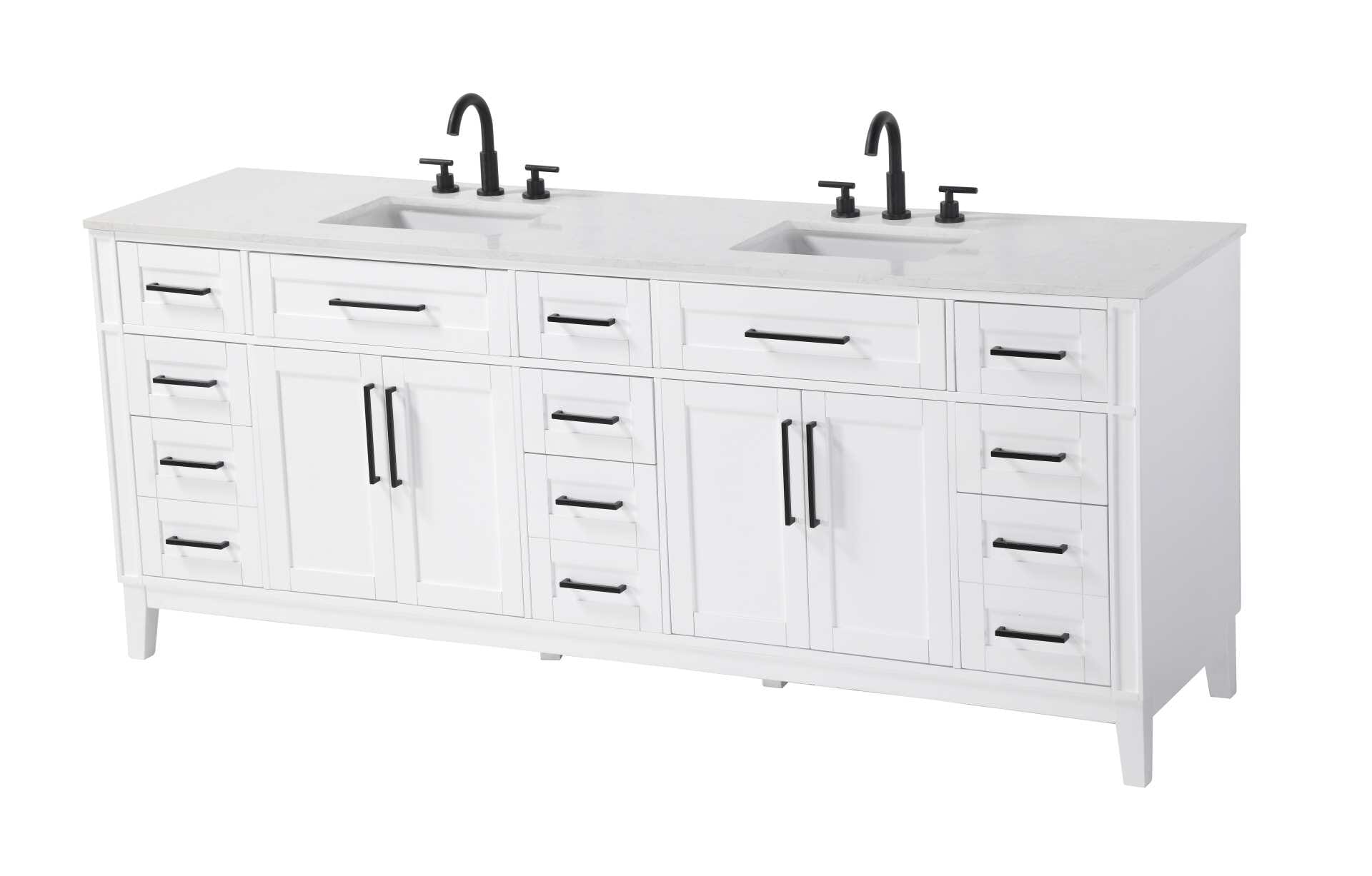 Dimensions
Length: 84"
Width: 21.5"
Height: 35"
Counter Top Length: 84"
Counter Top Width: 21.5"
Counter Top Height: 0.75"
Sink Width: 15.375"
Sink Depth: 10.875"
Sink Height: 7"
Sink Drain Hole Size: 1.75"
Faucet Hole Spacing: 8"3 Holes"
Specifications
Assembly Required: YES
Base Material: Solid wood and MDF
Counter Top Edge Style: straight
Counter Top Finish: Marble white
Distressed Finish: NO
Drain Assembly Included: NO
Faucet Included: NO
Faucet Type: Widespread
Finish (Color): White
Vanity Material: Solid Wood and MDF
Hardware Finish: Black
Harware Material: Aluminum alloy
Number of Faucet Holes: 6
Number of Sinks: 2
Product Shape: Rectangle
Product Type: Bathroom Vanities
Product Warranty: 1 year limited
Sink Mounting Type: Undermount
Vanity Backsplash: NO
Vanity Mounting Type: Free-Standing
Weight: 355
Wire Included: No
Wood Type: Rubber wood
Shipment type: LTL
Drawers
Drawers Included: yes
Number of Drawers: 11
False Drawers: Yes
Drawer Width: dw1: 21.75
dw2: 10.75
dw3: 10.75
dw4: 10.75
Drawer Depth: dw1: 3.625
dw2: 15.125
dw3: 15.125 dw4:15.125
Drawer Height: dw1: 6.375
dw2: 6.375
dw3: 6.375
dw4: 12.75
Drawer Handle Designs: Bar pulls
Shelves
Number of Shelves: 2
Shelf Width: 21.75
Cabinets
Number of Cabinets: 2
Cabinet Interior Width: 21.75
Cabinet Interior Depth: 16.875
Cabinet Interior Height: 19.125 - alternate view