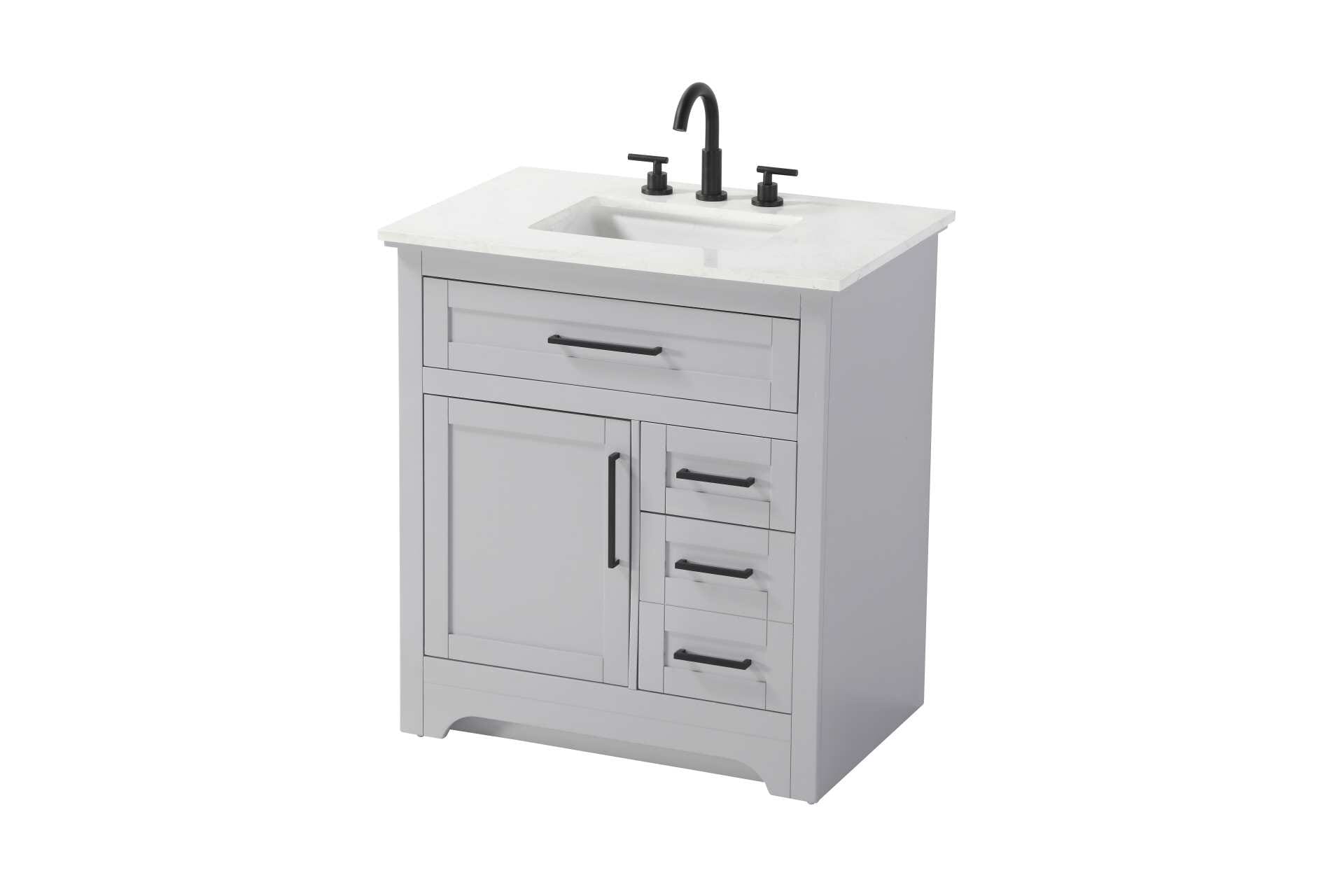 Specification Sheet
Dimensions
Length: 32"
Width: 21.5"
Height: 35"
Counter Top Length: 32"
Counter Top Width: 21.5"
Counter Top Height: 0.75"
Sink Width: 15.375"
Sink Depth: 10.875"
Sink Height: 7"
Sink Drain Hole Size: 1.75"
Faucet Hole Spacing: 8"3 Holes"
Specifications
Assembly Required: NO
Base Material: Solid wood and MDF
Counter Top Edge Style: straight
Counter Top Finish: Marble white
Distressed Finish: NO
Drain Assembly Included: NO
Faucet Included: NO
Faucet Type: Widespread
Finish (Color): Grey
Vanity Material: Solid Wood and MDF
Hardware Finish: Black
Harware Material: Aluminum alloy
Number of Faucet Holes: 3
Number of Sinks: 1
Product Shape: Rectangle
Product Type: Bathroom Vanities
Product Warranty: 1 year limited
Sink Mounting Type: Undermount
Vanity Backsplash: NO
Vanity Mounting Type: Free-Standing
143
Wire Included: No
Wood Type: Rubber wood
Shipment type: LTL
Drawers
Drawers Included: yes
Number of Drawers: 3
Drawer Width: dw1: 26.625
dw2: 10.5
dw3:10.5
Drawer Depth: dw1: 3.625
dw2: 15.125
dw3: 15.125
Drawer Height: dw1: 5.625
dw2: 6.25
dw3: 12.625
Drawer Handle Designs: pull
Shelves
Number of Shelves: 1
Shelf Width: 15.375
Cabinets
Number of Cabinets: 1
Cabinet Interior Width: 15.375
Cabinet Interior Depth: 16.875
Cabinet Interior Height: 19 - alternate view