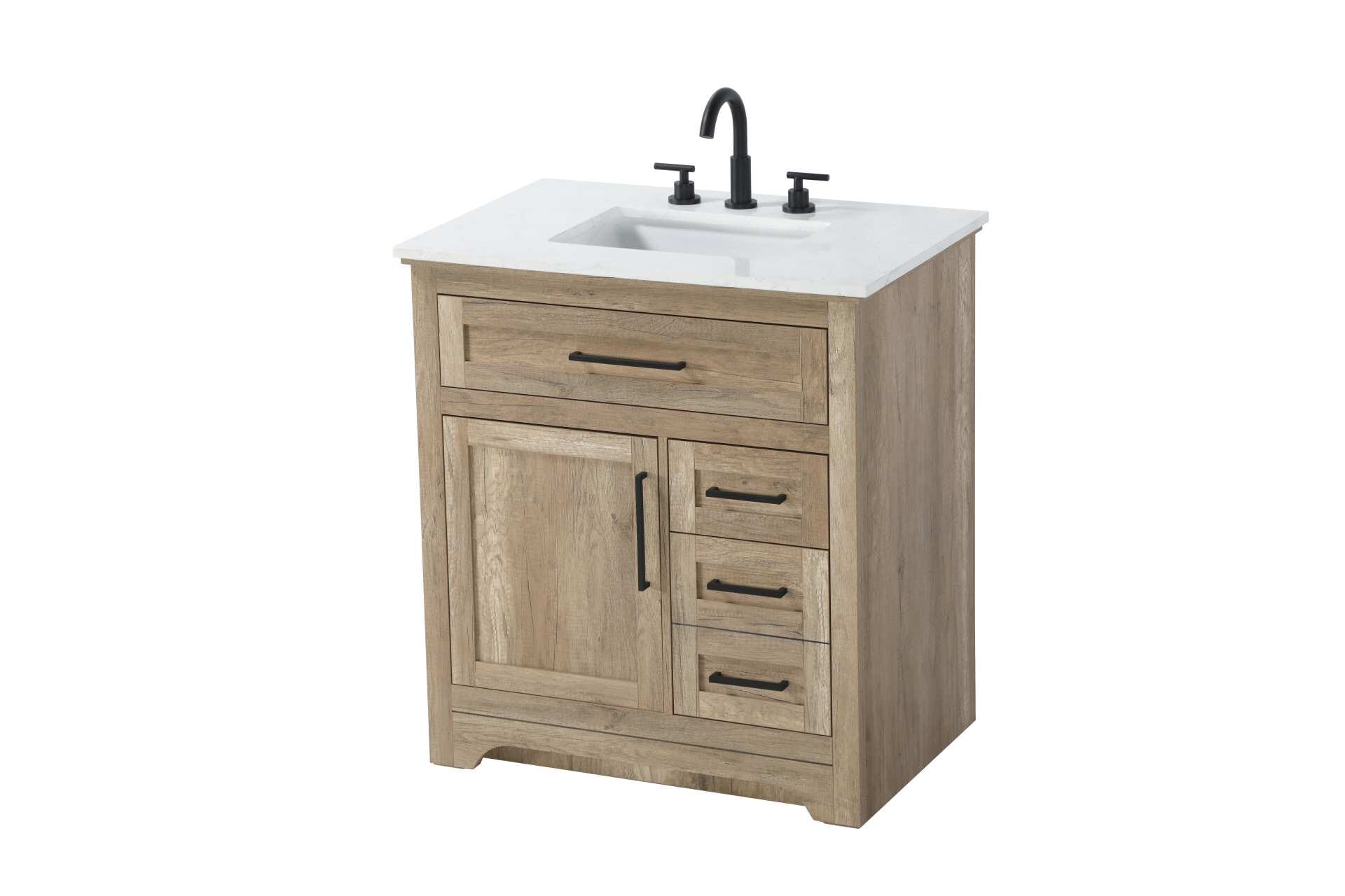Specification Sheet
Dimensions
Length: 32"
Width: 21.5"
Height: 35"
Counter Top Length: 32"
Counter Top Width: 21.5"
Counter Top Height: 0.75"
Sink Width: 15.375"
Sink Depth: 10.875"
Sink Height: 7"
Sink Drain Hole Size: 1.75"
Faucet Hole Spacing: 8"3 Holes"
Specifications
Assembly Required: NO
Base Material: Solid wood and MDF
Counter Top Edge Style: straight
Counter Top Finish: Marble white
Distressed Finish: NO
Drain Assembly Included: NO
Faucet Included: NO
Faucet Type: Widespread
Finish (Color): Natural Oak
Vanity Material: Solid Wood and MDF
Hardware Finish: Black
Harware Material: Aluminum alloy
Number of Faucet Holes: 3
Number of Sinks: 1
Product Shape: Rectangle
Product Type: Bathroom Vanities
Product Warranty: 1 year limited
Sink Mounting Type: Undermount
Vanity Backsplash: NO
Vanity Mounting Type: Free-Standing
156
Wire Included: No
Wood Type: Rubber wood
Shipment type: LTL
Drawers
Drawers Included: yes
Number of Drawers: 3
Drawer Width: dw1: 26.625
dw2: 10.5
dw3:10.5
Drawer Depth: dw1: 3.625
dw2: 15.125
dw3: 15.125
Drawer Height: dw1: 5.625
dw2: 6.25
dw3: 12.625
Drawer Handle Designs: pull
Shelves
Number of Shelves: 1
Shelf Width: 15.375
Cabinets
Number of Cabinets: 1
Cabinet Interior Width: 15.375
Cabinet Interior Depth: 16.875
Cabinet Interior Height: 19 - alternate view