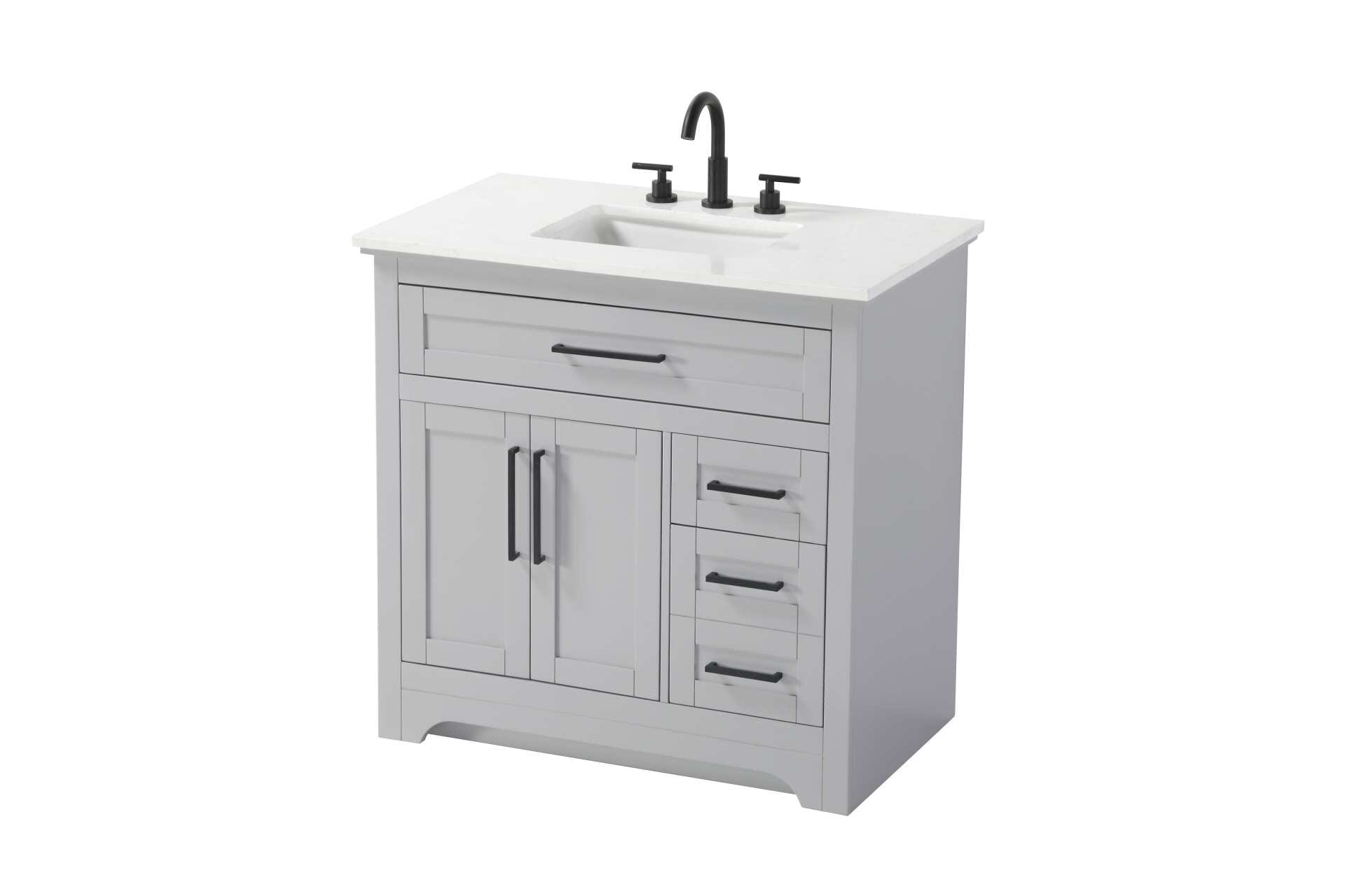 Specification Sheet
Dimensions
Length: 36"
Width: 21.5"
Height: 35"
Counter Top Length: 36"
Counter Top Width: 21.5"
Counter Top Height: 0.75"
Sink Width: 15.375"
Sink Depth: 10.875"
Sink Height: 7"
Sink Drain Hole Size: 1.75"
Faucet Hole Spacing: 4'' Holes"
Specifications
Assembly Required: NO
Base Material: Solid wood and MDF
Counter Top Edge Style: straight
Counter Top Finish: Marble white
Distressed Finish: NO
Drain Assembly Included: NO
Faucet Included: NO
Faucet Type: Widespread
Finish (Color): Grey
Vanity Material: Solid Wood and MDF
Hardware Finish: Black
Harware Material: Aluminum alloy
Number of Faucet Holes: 3
Number of Sinks: 1
Product Shape: Rectangle
Product Type: Bathroom Vanities
Product Warranty: 1 year limited
Sink Mounting Type: Undermount
Vanity Backsplash: NO
Vanity Mounting Type: Free-Standing
156
Wire Included: No
Wood Type: Rubber wood
Shipment type: LTL
Drawers
Drawers Included: yes
Number of Drawers: 3
Drawer Width: dw1: 30.75
dw2: 9.875
dw3: 9.875
Drawer Depth: dw1: 3.625
dw2: 15.125
dw3: 15.125
Drawer Height: dw1: 5.625
dw2: 6.25
dw3: 12.625
Drawer Handle Designs: pull
Shelves
Number of Shelves: 1
Shelf Width: 19.75
Cabinets
Number of Cabinets: 1
Cabinet Interior Width: 19.75
Cabinet Interior Depth: 16.875
Cabinet Interior Height: 19 - alternate view