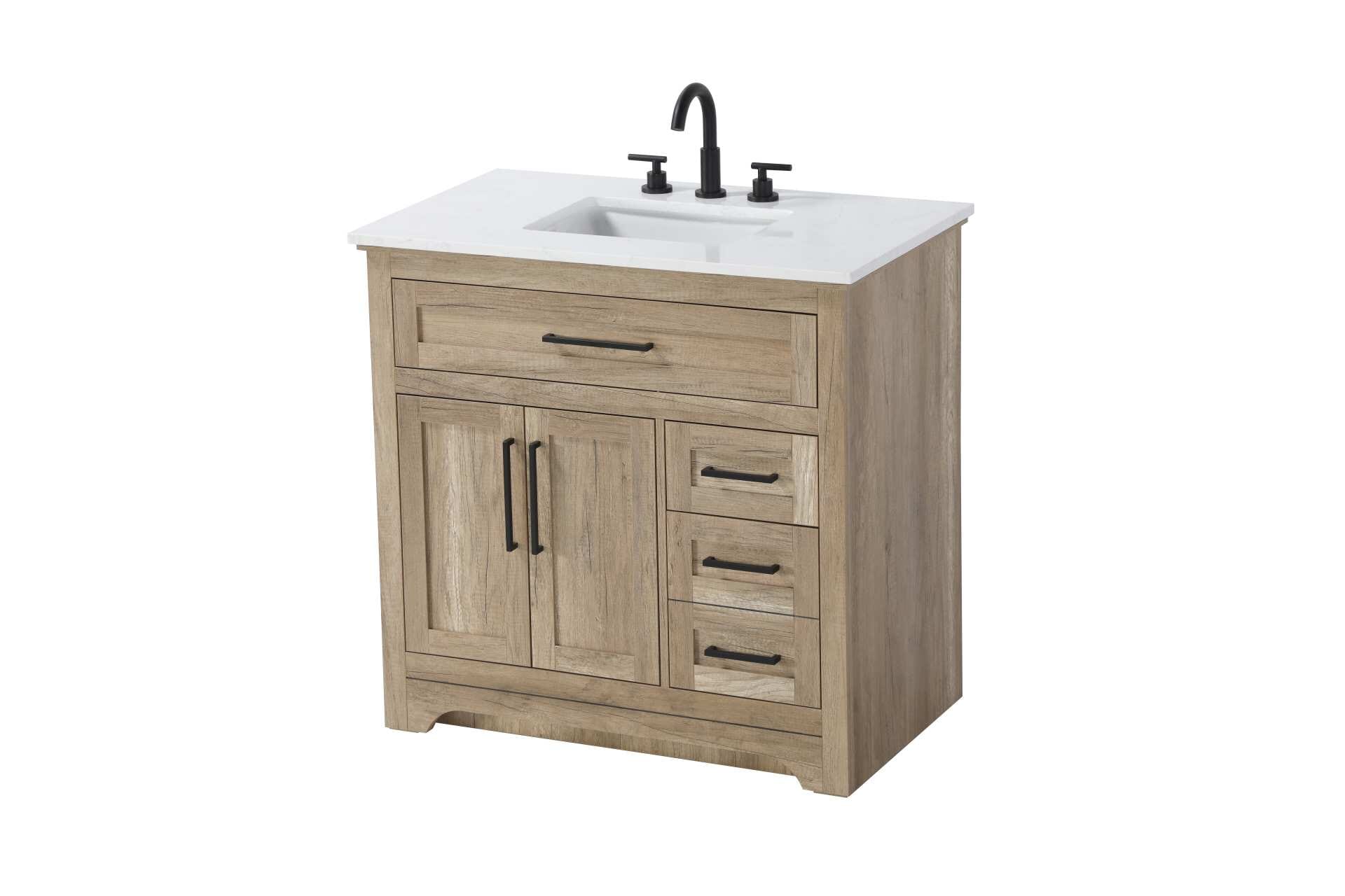 Specification Sheet
Dimensions
Length: 36"
Width: 21.5"
Height: 35"
Counter Top Length: 36"
Counter Top Width: 21.5"
Counter Top Height: 0.75"
Sink Width: 15.375"
Sink Depth: 10.875"
Sink Height: 7"
Sink Drain Hole Size: 1.75"
Faucet Hole Spacing: 4'' Holes"
Specifications
Assembly Required: NO
Base Material: Solid wood and MDF
Counter Top Edge Style: straight
Counter Top Finish: Marble white
Distressed Finish: NO
Drain Assembly Included: NO
Faucet Included: NO
Faucet Type: Widespread
Finish (Color): Natural Oak
Vanity Material: Solid Wood and MDF
Hardware Finish: Black
Harware Material: Aluminum alloy
Number of Faucet Holes: 3
Number of Sinks: 1
Product Shape: Rectangle
Product Type: Bathroom Vanities
Product Warranty: 1 year limited
Sink Mounting Type: Undermount
Vanity Backsplash: NO
Vanity Mounting Type: Free-Standing
172
Wire Included: No
Wood Type: Rubber wood
Shipment type: LTL
Drawers
Drawers Included: yes
Number of Drawers: 3
Drawer Width: dw1: 30.75
dw2: 9.875
dw3: 9.875
Drawer Depth: dw1: 3.625
dw2: 15.125
dw3: 15.125
Drawer Height: dw1: 5.625
dw2: 6.25
dw3: 12.625
Drawer Handle Designs: pull
Shelves
Number of Shelves: 1
Shelf Width: 19.75
Cabinets
Number of Cabinets: 1
Cabinet Interior Width: 19.75
Cabinet Interior Depth: 16.875
Cabinet Interior Height: 19 - alternate view