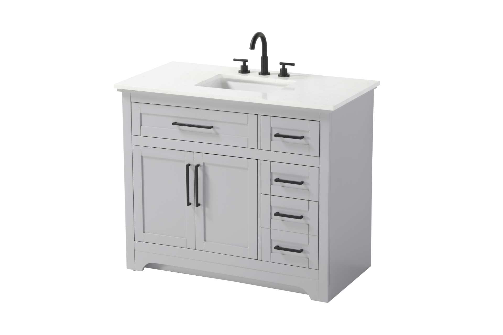 Specification Sheet
Dimensions
Length: 42"
Width: 21.5"
Height: 35"
Counter Top Length: 42"
Counter Top Width: 21.5"
Counter Top Height: 0.75"
Sink Width: 15.375"
Sink Depth: 10.875"
Sink Height: 7"
Sink Drain Hole Size: 1.75"
Faucet Hole Spacing: 4'' Holes"
Specifications
Assembly Required: NO
Base Material: Solid wood and MDF
Counter Top Edge Style: straight
Counter Top Finish: Marble white
Distressed Finish: NO
Drain Assembly Included: NO
Faucet Included: NO
Faucet Type: Widespread
Finish (Color): Grey
Vanity Material: Solid Wood and MDF
Hardware Finish: Black
Harware Material: Aluminum alloy
Number of Faucet Holes: 3
Number of Sinks: 1
Product Shape: Rectangle
Product Type: Bathroom Vanities
Product Warranty: 1 year limited
Sink Mounting Type: Undermount
Vanity Backsplash: NO
Vanity Mounting Type: Free-Standing
183
Wire Included: No
Wood Type: Rubber wood
Shipment type: LTL
Drawers
Drawers Included: yes
Number of Drawers: 4
Drawer Width: dw1: 24
dw2: 11.625
dw3: 11.625
dw4: 11.625
Drawer Depth: dw1: 3.625
dw2: 15.125
dw3: 15.125
dw4: 15.125
Drawer Height: dw1: 5.625
dw2: 5.625
dw3: 6.25
dw4: 12.625
Drawer Handle Designs: pull
Shelves
Number of Shelves: 1
Shelf Width: 23.75
Cabinets
Number of Cabinets: 1
Cabinet Interior Width: 23.75
Cabinet Interior Depth: 16.875
Cabinet Interior Height: 19 - alternate view