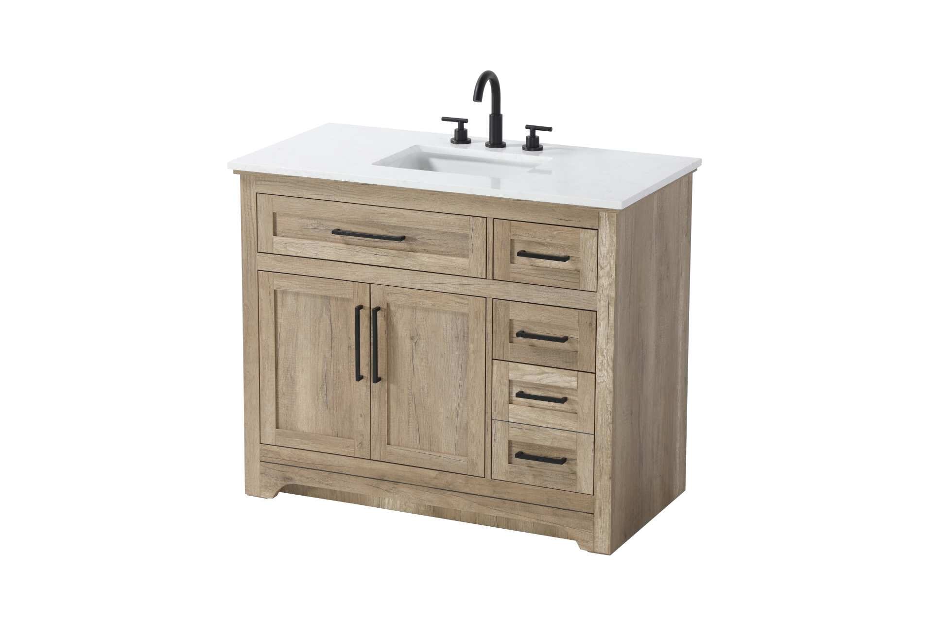 Specification Sheet
Dimensions
Length: 42"
Width: 21.5"
Height: 35"
Counter Top Length: 42"
Counter Top Width: 21.5"
Counter Top Height: 0.75"
Sink Width: 15.375"
Sink Depth: 10.875"
Sink Height: 7"
Sink Drain Hole Size: 1.75"
Faucet Hole Spacing: 4'' Holes"
Specifications
Assembly Required: NO
Base Material: Solid wood and MDF
Counter Top Edge Style: straight
Counter Top Finish: Marble white
Distressed Finish: NO
Drain Assembly Included: NO
Faucet Included: NO
Faucet Type: Widespread
Finish (Color): Natural Oak
Vanity Material: Solid Wood and MDF
Hardware Finish: Black
Harware Material: Aluminum alloy
Number of Faucet Holes: 3
Number of Sinks: 1
Product Shape: Rectangle
Product Type: Bathroom Vanities
Product Warranty: 1 year limited
Sink Mounting Type: Undermount
Vanity Backsplash: NO
Vanity Mounting Type: Free-Standing
200
Wire Included: No
Wood Type: Rubber wood
Shipment type: LTL
Drawers
Drawers Included: yes
Number of Drawers: 4
Drawer Width: dw1: 24
dw2: 11.625
dw3: 11.625
dw4: 11.625
Drawer Depth: dw1: 3.625
dw2: 15.125
dw3: 15.125
dw4: 15.125
Drawer Height: dw1: 5.625
dw2: 5.625
dw3: 6.25
dw4: 12.625
Drawer Handle Designs: pull
Shelves
Number of Shelves: 1
Shelf Width: 23.75
Cabinets
Number of Cabinets: 1
Cabinet Interior Width: 23.75
Cabinet Interior Depth: 16.875
Cabinet Interior Height: 19 - alternate view