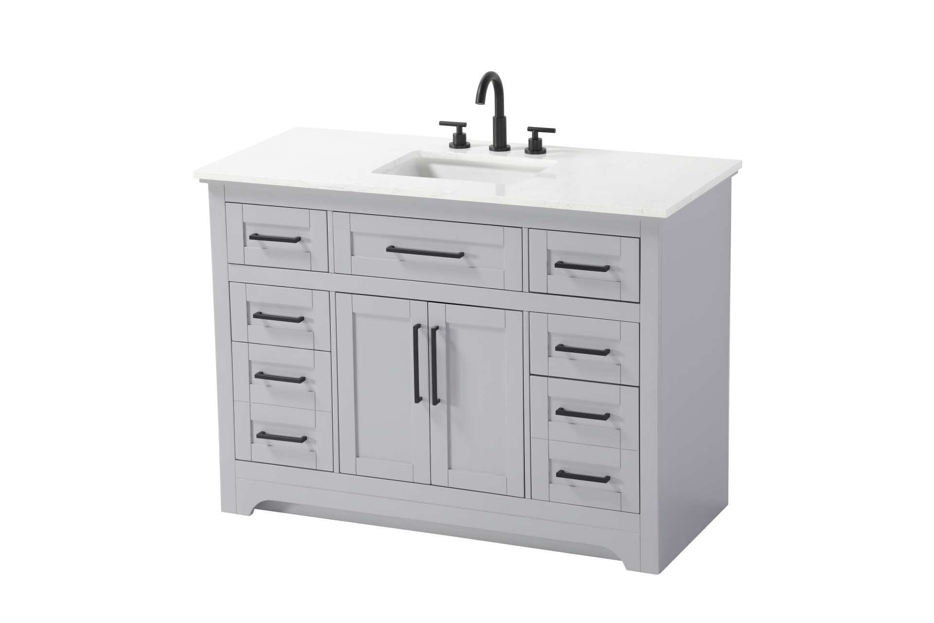 Specification Sheet
Dimensions
Length: 48"
Width: 21.5"
Height: 35"
Counter Top Length: 48"
Counter Top Width: 21.5"
Counter Top Height: 0.75"
Sink Width: 15.375"
Sink Depth: 10.875"
Sink Height: 7"
Sink Drain Hole Size: 1.75"
Faucet Hole Spacing: 4'' Holes"
Specifications
Assembly Required: NO
Base Material: Solid wood and MDF
Counter Top Edge Style: straight
Counter Top Finish: Marble white
Distressed Finish: NO
Drain Assembly Included: NO
Faucet Included: NO
Faucet Type: Widespread
Finish (Color): Grey
Vanity Material: Solid Wood and MDF
Hardware Finish: Black
Harware Material: Aluminum alloy
Number of Faucet Holes: 3
Number of Sinks: 1
Product Shape: Rectangle
Product Type: Bathroom Vanities
Product Warranty: 1 year limited
Sink Mounting Type: Undermount
Vanity Backsplash: NO
Vanity Mounting Type: Free-Standing
231
Wire Included: No
Wood Type: Rubber wood
Shipment type: LTL
Drawers
Drawers Included: yes
Number of Drawers: 7
Drawer Width: dw1: 20.625
dw2: 10.25
dw3: 10.25
dw4: 10.25
Drawer Depth: dw1: 3.625
dw2: 15.125
dw3: 15.125
dw4: 15.125
Drawer Height: dw1: 5.625
dw2: 5.625
dw3: 6.25
dw4: 12.625
Drawer Handle Designs: pull
Shelves
Number of Shelves: 1
Shelf Width: 20.5
Cabinets
Number of Cabinets: 1
Cabinet Interior Width: 20.5
Cabinet Interior Depth: 16.875
Cabinet Interior Height: 19 - alternate view