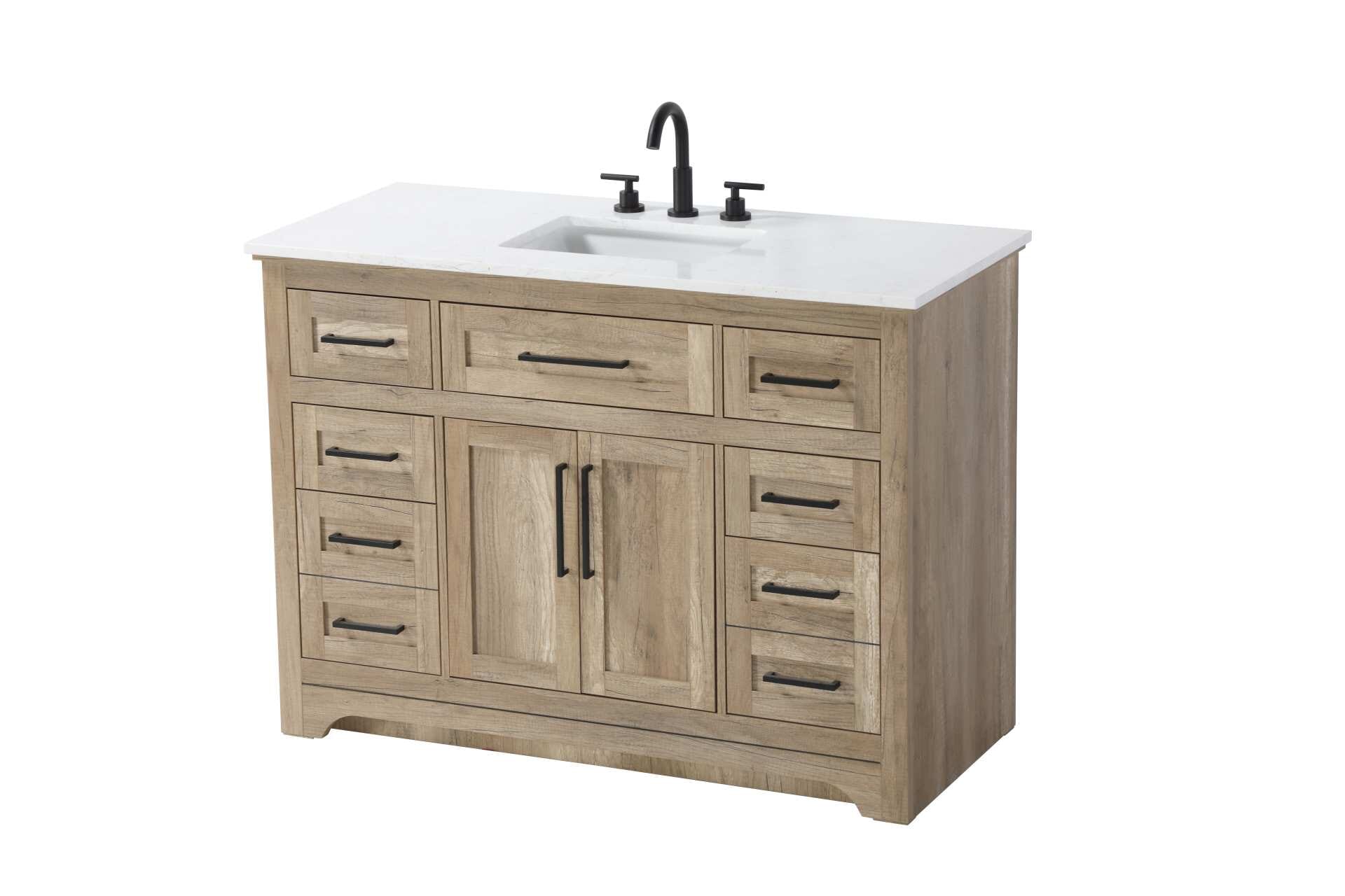 Specification Sheet
Dimensions
Length: 48"
Width: 21.5"
Height: 35"
Counter Top Length: 48"
Counter Top Width: 21.5"
Counter Top Height: 0.75"
Sink Width: 15.375"
Sink Depth: 10.875"
Sink Height: 7"
Sink Drain Hole Size: 1.75"
Faucet Hole Spacing: 4'' Holes"
Specifications
Assembly Required: NO
Base Material: Solid wood and MDF
Counter Top Edge Style: straight
Counter Top Finish: Marble white
Distressed Finish: NO
Drain Assembly Included: NO
Faucet Included: NO
Faucet Type: Widespread
Finish (Color): Natural Oak
Vanity Material: Solid Wood and MDF
Hardware Finish: Black
Harware Material: Aluminum alloy
Number of Faucet Holes: 3
Number of Sinks: 1
Product Shape: Rectangle
Product Type: Bathroom Vanities
Product Warranty: 1 year limited
Sink Mounting Type: Undermount
Vanity Backsplash: NO
Vanity Mounting Type: Free-Standing
251
Wire Included: No
Wood Type: Rubber wood
Shipment type: LTL
Drawers
Drawers Included: yes
Number of Drawers: 7
Drawer Width: dw1: 20.625
dw2: 10.25
dw3: 10.25
dw4: 10.25
Drawer Depth: dw1: 3.625
dw2: 15.125
dw3: 15.125
dw4: 15.125
Drawer Height: dw1: 5.625
dw2: 5.625
dw3: 6.25
dw4: 12.625
Drawer Handle Designs: pull
Shelves
Number of Shelves: 1
Shelf Width: 20.5
Cabinets
Number of Cabinets: 1
Cabinet Interior Width: 20.5
Cabinet Interior Depth: 16.875
Cabinet Interior Height: 19 - alternate view