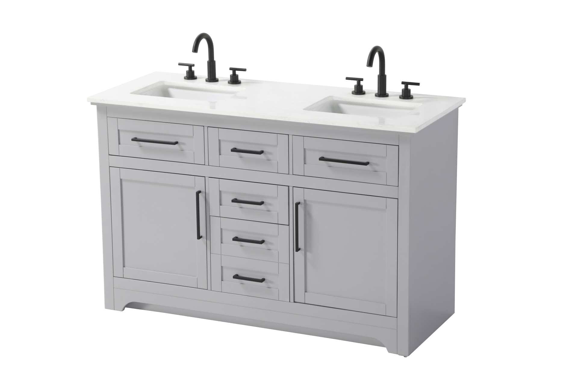 Specification Sheet
Dimensions
Length: 54"
Width: 21.5"
Height: 35"
Counter Top Length: 54"
Counter Top Width: 21.5"
Counter Top Height: 0.75"
Sink Width: 15.375"
Sink Depth: 10.875"
Sink Height: 7"
Sink Drain Hole Size: 1.75"
Faucet Hole Spacing: 4'' Holes"
Specifications
Assembly Required: NO
Base Material: Solid wood and MDF
Counter Top Edge Style: straight
Counter Top Finish: Marble white
Distressed Finish: NO
Drain Assembly Included: NO
Faucet Included: NO
Faucet Type: Widespread
Finish (Color): Grey
Vanity Material: Solid Wood and MDF
Hardware Finish: Black
Harware Material: Aluminum alloy
Number of Faucet Holes: 6
Number of Sinks: 2
Product Shape: Rectangle
Product Type: Bathroom Vanities
Product Warranty: 1 year limited
Sink Mounting Type: Undermount
Vanity Backsplash: NO
Vanity Mounting Type: Free-Standing
220
Wire Included: No
Wood Type: Rubber wood
Shipment type: LTL
Drawers
Drawers Included: yes
Number of Drawers: 5
Drawer Width: dw1: 16.25
dw2: 14.625
dw3: 14.625
dw4: 14.625
Drawer Depth: dw1: 3.625
dw2: 15.125
dw3: 15.125
dw4: 15.125
Drawer Height: dw1: 5.625
dw2: 5.625
dw3: 6.25
dw4: 12.625
Drawer Handle Designs: pull
Shelves
Number of Shelves: 2
Shelf Width: 16.25
Cabinets
Number of Cabinets: 2
Cabinet Interior Width: 16.25
Cabinet Interior Depth: 16.875
Cabinet Interior Height: 19 - alternate view