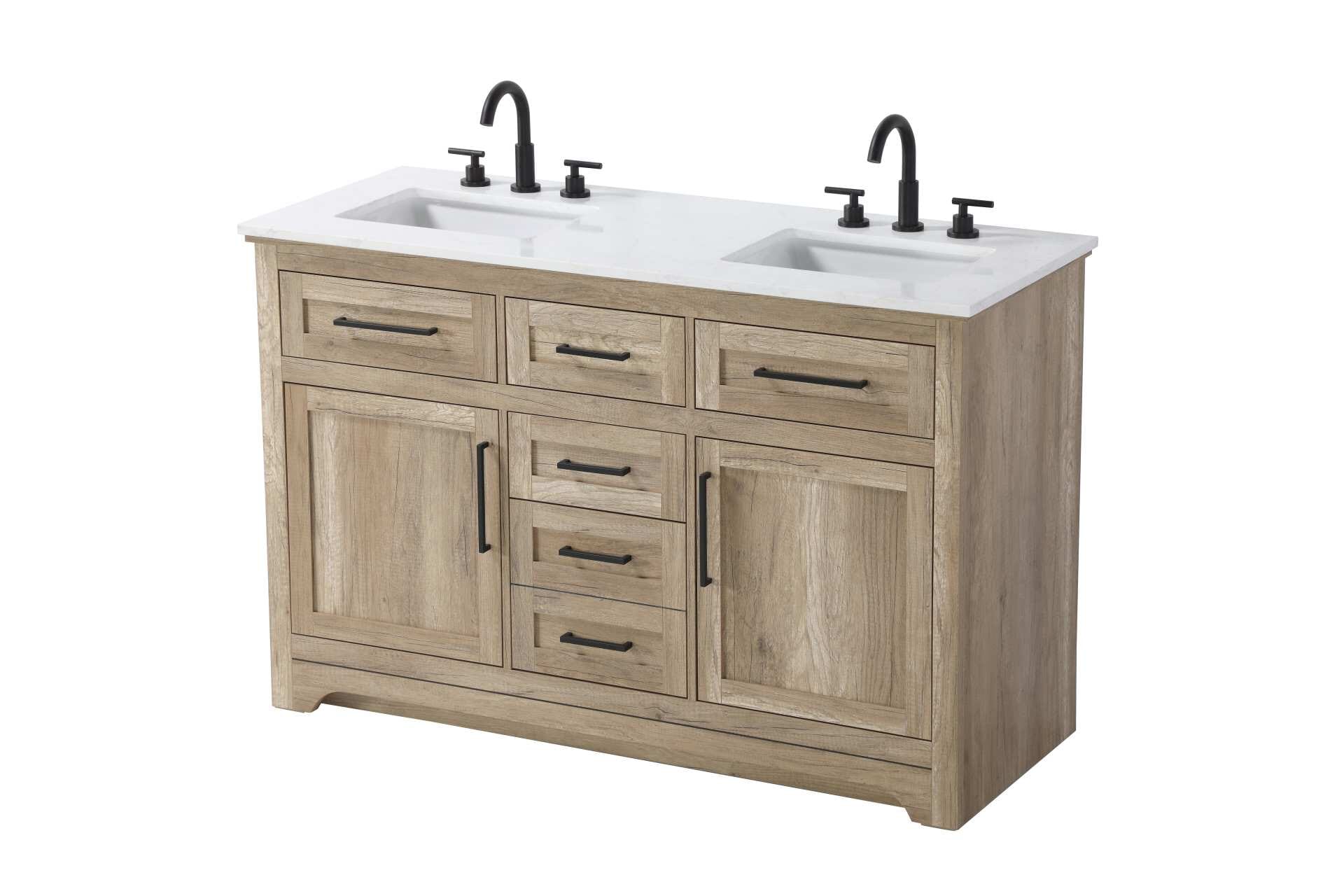 Specification Sheet
Dimensions
Length: 54"
Width: 21.5"
Height: 35"
Counter Top Length: 54"
Counter Top Width: 21.5"
Counter Top Height: 0.75"
Sink Width: 15.375"
Sink Depth: 10.875"
Sink Height: 7"
Sink Drain Hole Size: 1.75"
Faucet Hole Spacing: 4'' Holes"
Specifications
Assembly Required: NO
Base Material: Solid wood and MDF
Counter Top Edge Style: straight
Counter Top Finish: Marble white
Distressed Finish: NO
Drain Assembly Included: NO
Faucet Included: NO
Faucet Type: Widespread
Finish (Color): Natural Oak
Vanity Material: Solid Wood and MDF
Hardware Finish: Black
Harware Material: Aluminum alloy
Number of Faucet Holes: 6
Number of Sinks: 2
Product Shape: Rectangle
Product Type: Bathroom Vanities
Product Warranty: 1 year limited
Sink Mounting Type: Undermount
Vanity Backsplash: NO
Vanity Mounting Type: Free-Standing
246
Wire Included: No
Wood Type: Rubber wood
Shipment type: LTL
Drawers
Drawers Included: yes
Number of Drawers: 5
Drawer Width: dw1: 16.25
dw2: 14.625
dw3: 14.625
dw4: 14.625
Drawer Depth: dw1: 3.625
dw2: 15.125
dw3: 15.125
dw4: 15.125
Drawer Height: dw1: 5.625
dw2: 5.625
dw3: 6.25
dw4: 12.625
Drawer Handle Designs: pull
Shelves
Number of Shelves: 2
Shelf Width: 16.25
Cabinets
Number of Cabinets: 2
Cabinet Interior Width: 16.25
Cabinet Interior Depth: 16.875
Cabinet Interior Height: 19 - alternate view