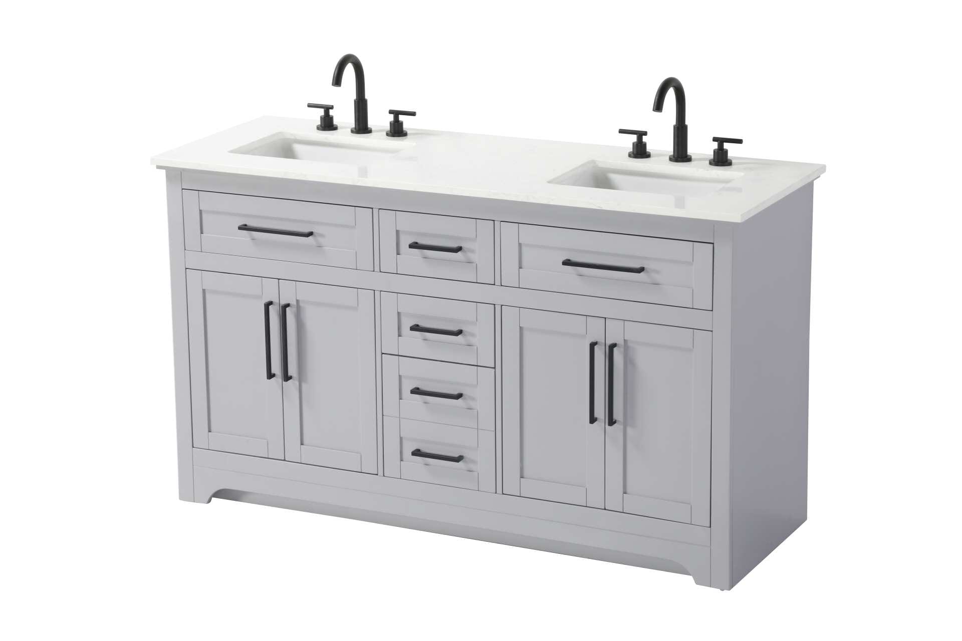Specification Sheet
Dimensions
Length: 60"
Width: 21.5"
Height: 35"
Counter Top Length: 60"
Counter Top Width: 21.5"
Counter Top Height: 0.75"
Sink Width: 15.375"
Sink Depth: 10.875"
Sink Height: 7"
Sink Drain Hole Size: 1.75"
Faucet Hole Spacing: 4'' Holes"
Specifications
Assembly Required: NO
Base Material: Solid wood and MDF
Counter Top Edge Style: straight
Counter Top Finish: Marble white
Distressed Finish: NO
Drain Assembly Included: NO
Faucet Included: NO
Faucet Type: Widespread
Finish (Color): Grey
Vanity Material: Solid Wood and MDF
Hardware Finish: Black
Harware Material: Aluminum alloy
Number of Faucet Holes: 6
Number of Sinks: 2
Product Shape: Rectangle
Product Type: Bathroom Vanities
Product Warranty: 1 year limited
Sink Mounting Type: Undermount
Vanity Backsplash: NO
Vanity Mounting Type: Free-Standing
249
Wire Included: No
Wood Type: Rubber wood
Shipment type: LTL
Drawers
Drawers Included: yes
Number of Drawers: 5
Drawer Width: dw1: 21.25
dw2: 10.625
dw3: 10.625
dw4: 10.625
Drawer Depth: dw1: 3.625
dw2: 15.125
dw3: 15.125
dw4: 15.125
Drawer Height: dw1: 5.625
dw2: 5.625
dw3: 6.25
dw4: 12.625
Drawer Handle Designs: pull
Shelves
Number of Shelves: 2
Shelf Width: 21
Cabinets
Number of Cabinets: 2
Cabinet Interior Width: 21
Cabinet Interior Depth: 16.875
Cabinet Interior Height: 19 - alternate view