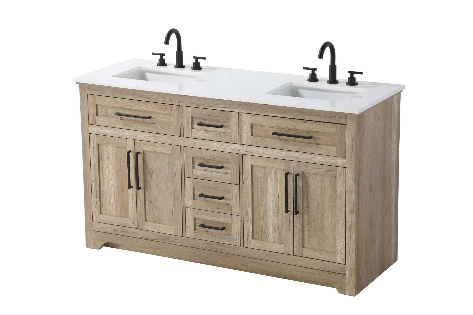 Specification Sheet
Dimensions
Length: 60"
Width: 21.5"
Height: 35"
Counter Top Length: 60"
Counter Top Width: 21.5"
Counter Top Height: 0.75"
Sink Width: 15.375"
Sink Depth: 10.875"
Sink Height: 7"
Sink Drain Hole Size: 1.75"
Faucet Hole Spacing: 4'' Holes"
Specifications
Assembly Required: NO
Base Material: Solid wood and MDF
Counter Top Edge Style: straight
Counter Top Finish: Marble white
Distressed Finish: NO
Drain Assembly Included: NO
Faucet Included: NO
Faucet Type: Widespread
Finish (Color): Natural Oak
Vanity Material: Solid Wood and MDF
Hardware Finish: Black
Harware Material: Aluminum alloy
Number of Faucet Holes: 6
Number of Sinks: 2
Product Shape: Rectangle
Product Type: Bathroom Vanities
Product Warranty: 1 year limited
Sink Mounting Type: Undermount
Vanity Backsplash: NO
Vanity Mounting Type: Free-Standing
273
Wire Included: No
Wood Type: Rubber wood
Shipment type: LTL
Drawers
Drawers Included: yes
Number of Drawers: 5
Drawer Width: dw1: 21.25
dw2: 10.625
dw3: 10.625
dw4: 10.625
Drawer Depth: dw1: 3.625
dw2: 15.125
dw3: 15.125
dw4: 15.125
Drawer Height: dw1: 5.625
dw2: 5.625
dw3: 6.25
dw4: 12.625
Drawer Handle Designs: pull
Shelves
Number of Shelves: 2
Shelf Width: 21
Cabinets
Number of Cabinets: 2
Cabinet Interior Width: 21
Cabinet Interior Depth: 16.875
Cabinet Interior Height: 19 - alternate view
