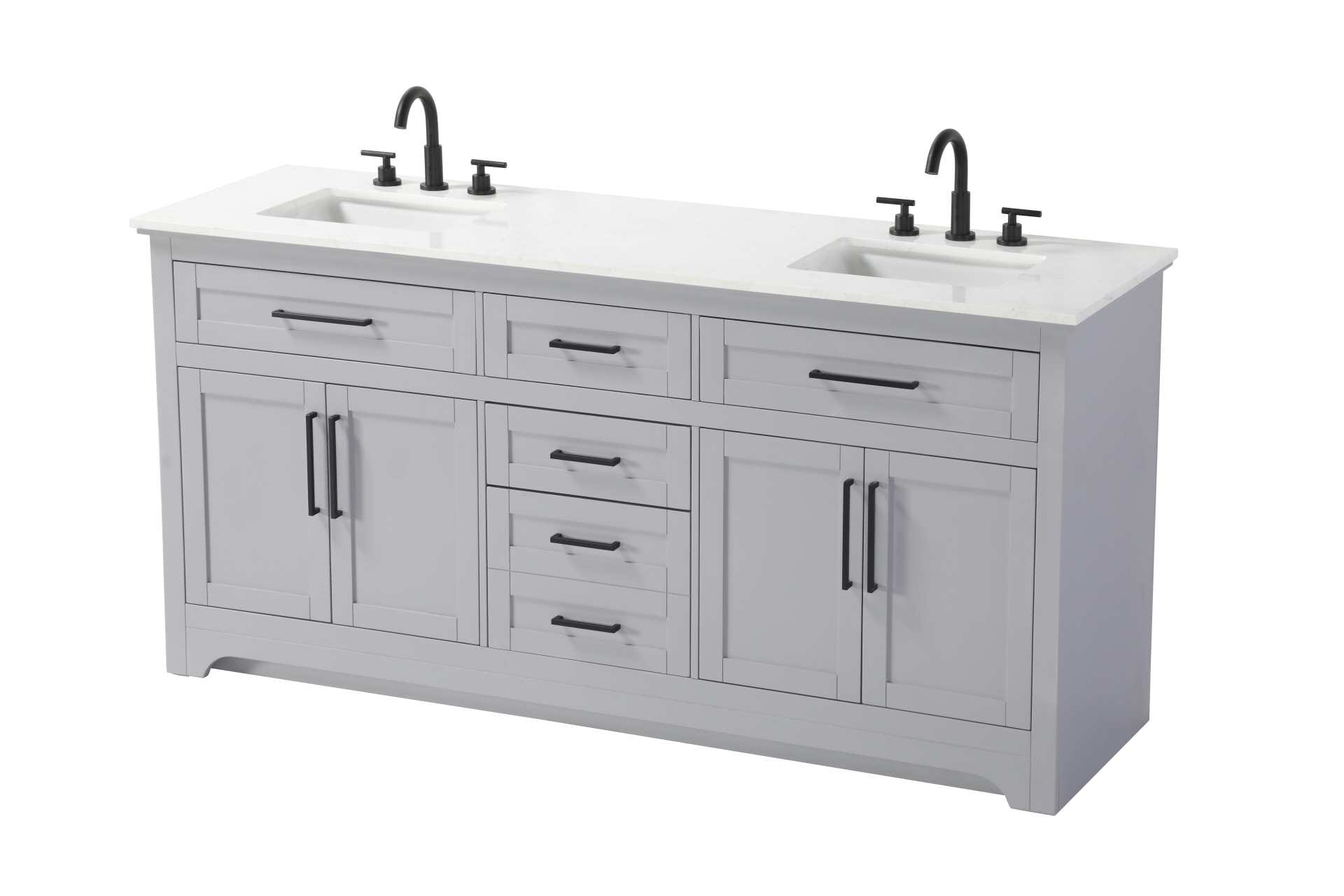 Specification Sheet
Dimensions
Length: 72"
Width: 21.5"
Height: 35"
Counter Top Length: 72"
Counter Top Width: 21.5"
Counter Top Height: 0.75"
Sink Width: 15.375"
Sink Depth: 10.875"
Sink Height: 7"
Sink Drain Hole Size: 1.75"
Faucet Hole Spacing: 4'' Holes"
Specifications
Assembly Required: NO
Base Material: Solid wood and MDF
Counter Top Edge Style: straight
Counter Top Finish: Marble white
Distressed Finish: NO
Drain Assembly Included: NO
Faucet Included: NO
Faucet Type: Widespread
Finish (Color): Grey
Vanity Material: Solid Wood and MDF
Hardware Finish: Black
Harware Material: Aluminum alloy
Number of Faucet Holes: 6
Number of Sinks: 2
Product Shape: Rectangle
Product Type: Bathroom Vanities
Product Warranty: 1 year limited
Sink Mounting Type: Undermount
Vanity Backsplash: NO
Vanity Mounting Type: Free-Standing
286
Wire Included: No
Wood Type: Rubber wood
Shipment type: LTL
Drawers
Drawers Included: yes
Number of Drawers: 5
Drawer Width: dw1: 26.125
dw2: 13
dw3: 13
dw4: 13
Drawer Depth: dw1: 3.625
dw2: 15.125
dw3: 15.125
dw4: 15.125
Drawer Height: dw1: 5.625
dw2: 5.625
dw3: 6.25
dw4: 12.625
Drawer Handle Designs: pull
Shelves
Number of Shelves: 2
Shelf Width: 26
Cabinets
Number of Cabinets: 2
Cabinet Interior Width: 26
Cabinet Interior Depth: 16.875
Cabinet Interior Height: 19 - alternate view