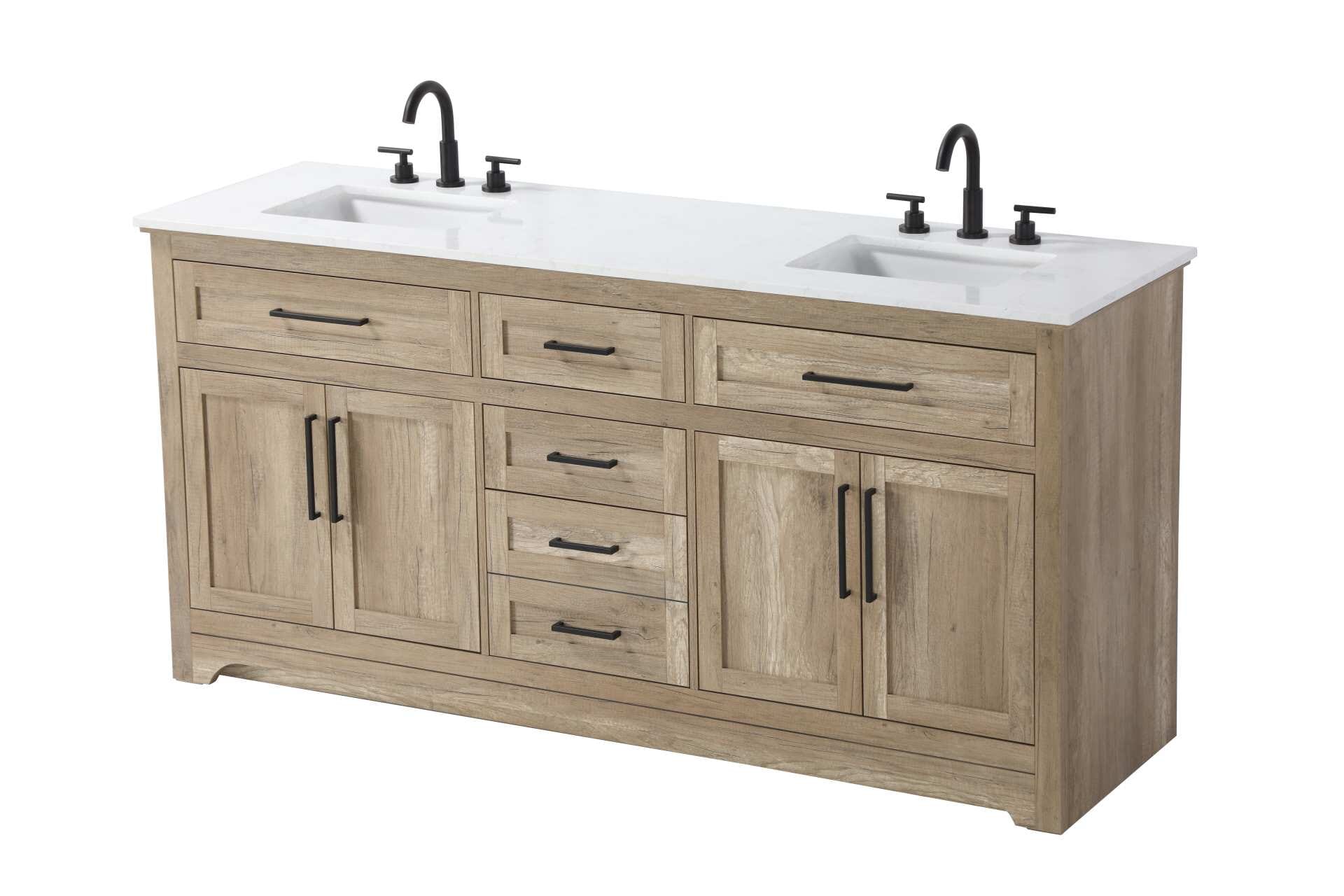 Specification Sheet
Dimensions
Length: 72"
Width: 21.5"
Height: 35"
Counter Top Length: 72"
Counter Top Width: 21.5"
Counter Top Height: 0.75"
Sink Width: 15.375"
Sink Depth: 10.875"
Sink Height: 7"
Sink Drain Hole Size: 1.75"
Faucet Hole Spacing: 4'' Holes"
Specifications
Assembly Required: NO
Base Material: Solid wood and MDF
Counter Top Edge Style: straight
Counter Top Finish: Marble white
Distressed Finish: NO
Drain Assembly Included: NO
Faucet Included: NO
Faucet Type: Widespread
Finish (Color): Natural Oak
Vanity Material: Solid Wood and MDF
Hardware Finish: Black
Harware Material: Aluminum alloy
Number of Faucet Holes: 6
Number of Sinks: 2
Product Shape: Rectangle
Product Type: Bathroom Vanities
Product Warranty: 1 year limited
Sink Mounting Type: Undermount
Vanity Backsplash: NO
Vanity Mounting Type: Free-Standing
310
Wire Included: No
Wood Type: Rubber wood
Shipment type: LTL
Drawers
Drawers Included: yes
Number of Drawers: 5
Drawer Width: dw1: 26.125
dw2: 13
dw3: 13
dw4: 13
Drawer Depth: dw1: 3.625
dw2: 15.125
dw3: 15.125
dw4: 15.125
Drawer Height: dw1: 5.625
dw2: 5.625
dw3: 6.25
dw4: 12.625
Drawer Handle Designs: pull
Shelves
Number of Shelves: 2
Shelf Width: 26
Cabinets
Number of Cabinets: 2
Cabinet Interior Width: 26
Cabinet Interior Depth: 16.875
Cabinet Interior Height: 19 - alternate view