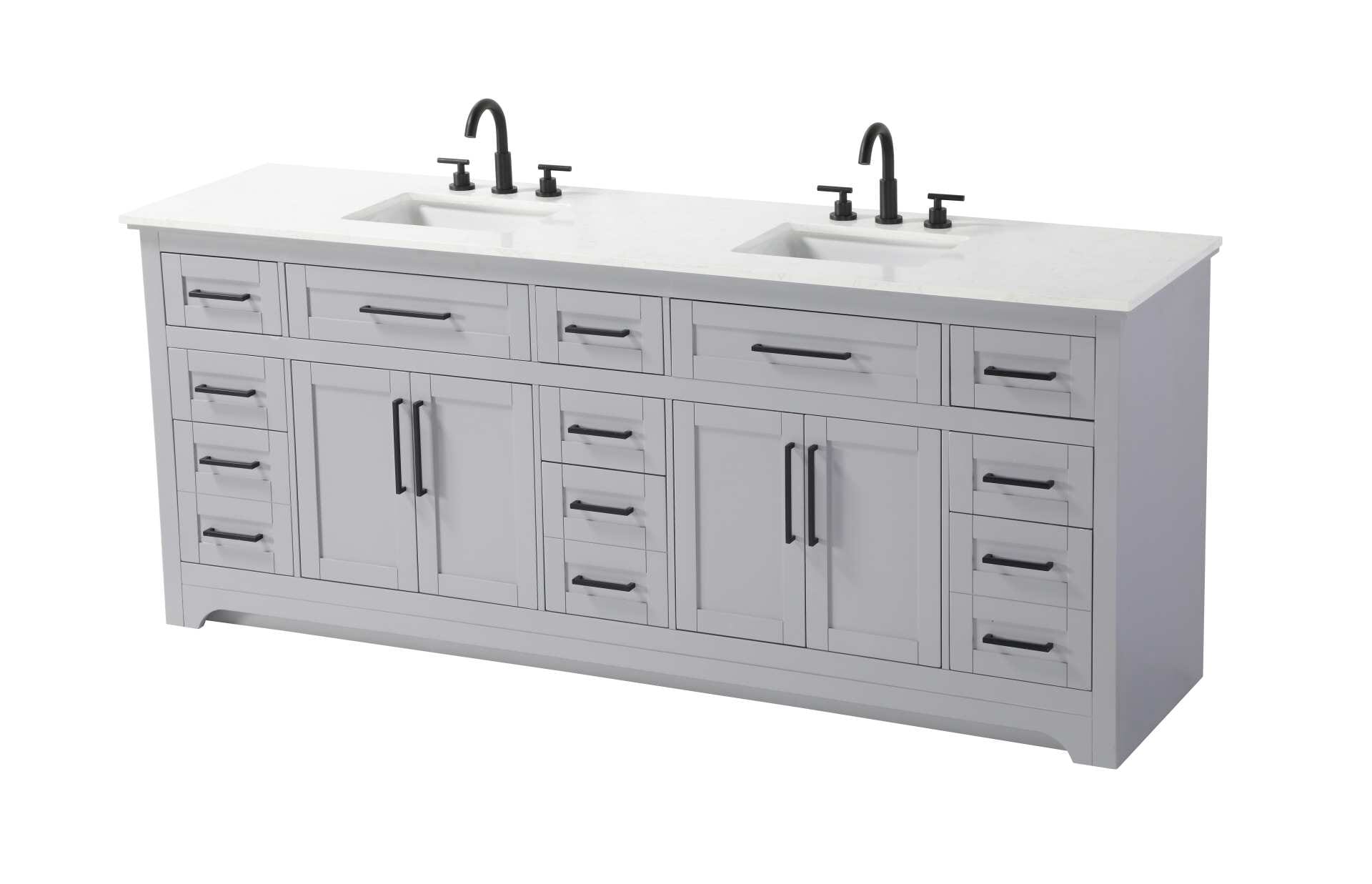 Specification Sheet
Dimensions
Length: 84"
Width: 21.5"
Height: 35"
Counter Top Length: 84"
Counter Top Width: 21.5"
Counter Top Height: 0.75"
Sink Width: 15.375"
Sink Depth: 10.875"
Sink Height: 7"
Sink Drain Hole Size: 1.75"
Faucet Hole Spacing: 4'' Holes"
Specifications
Assembly Required: NO
Base Material: Solid wood and MDF
Counter Top Edge Style: straight
Counter Top Finish: Marble white
Distressed Finish: NO
Drain Assembly Included: NO
Faucet Included: NO
Faucet Type: Widespread
Finish (Color): Grey
Vanity Material: Solid Wood and MDF
Hardware Finish: Black
Harware Material: Aluminum alloy
Number of Faucet Holes: 6
Number of Sinks: 2
Product Shape: Rectangle
Product Type: Bathroom Vanities
Product Warranty: 1 year limited
Sink Mounting Type: Undermount
Vanity Backsplash: NO
Vanity Mounting Type: Free-Standing
Weight: 346
Wire Included: No
Wood Type: Rubber wood
Shipment type: LTL
Drawers
Drawers Included: yes
Number of Drawers: 11
False Drawers:
Drawer Width: dw1: 21.625
dw2: 10.75
dw3: 10.75
dw4: 10.75
Drawer Depth: dw1: 3.625
dw2: 15.125
dw3: 15.125
dw4: 15.125
Drawer Height: dw1: 5.625
dw2: 5.625
dw3: 6.25
dw4: 12.625
Drawer Handle Designs: pull
Shelves
Number of Shelves: 2
Shelf Width: 21.5
Cabinets
Number of Cabinets: 2
Cabinet Interior Width: 21.5
Cabinet Interior Depth: 16.875
Cabinet Interior Height: 19 - alternate view