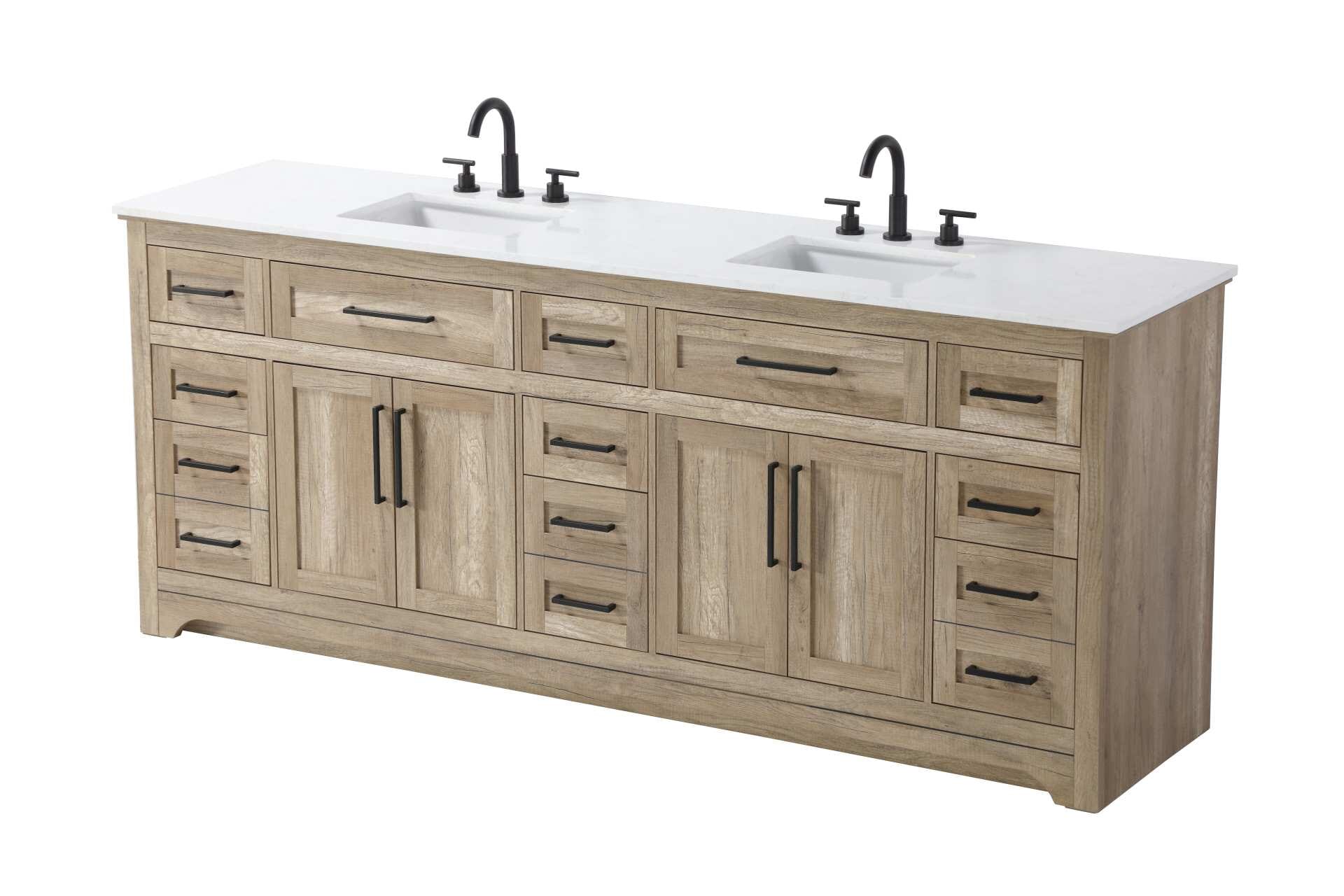 Specification Sheet
Dimensions
Length: 84"
Width: 21.5"
Height: 35"
Counter Top Length: 84"
Counter Top Width: 21.5"
Counter Top Height: 0.75"
Sink Width: 15.375"
Sink Depth: 10.875"
Sink Height: 7"
Sink Drain Hole Size: 1.75"
Faucet Hole Spacing: 4'' Holes"
Specifications
Assembly Required: NO
Base Material: Solid wood and MDF
Counter Top Edge Style: straight
Counter Top Finish: Marble white
Distressed Finish: NO
Drain Assembly Included: NO
Faucet Included: NO
Faucet Type: Widespread
Finish (Color): Natural Oak
Vanity Material: Solid Wood and MDF
Hardware Finish: Black
Harware Material: Aluminum alloy
Number of Faucet Holes: 6
Number of Sinks: 2
Product Shape: Rectangle
Product Type: Bathroom Vanities
Product Warranty: 1 year limited
Sink Mounting Type: Undermount
Vanity Backsplash: NO
Vanity Mounting Type: Free-Standing
Weight: 381
Wire Included: No
Wood Type: Rubber wood
Shipment type: LTL
Drawers
Drawers Included: yes
Number of Drawers: 11
False Drawers:
Drawer Width: dw1: 21.625
dw2: 10.75
dw3: 10.75
dw4: 10.75
Drawer Depth: dw1: 3.625
dw2: 15.125
dw3: 15.125
dw4: 15.125
Drawer Height: dw1: 5.625
dw2: 5.625
dw3: 6.25
dw4: 12.625
Drawer Handle Designs: pull
Shelves
Number of Shelves: 2
Shelf Width: 21.5
Cabinets
Number of Cabinets: 2
Cabinet Interior Width: 21.5
Cabinet Interior Depth: 16.875
Cabinet Interior Height: 19 - alternate view