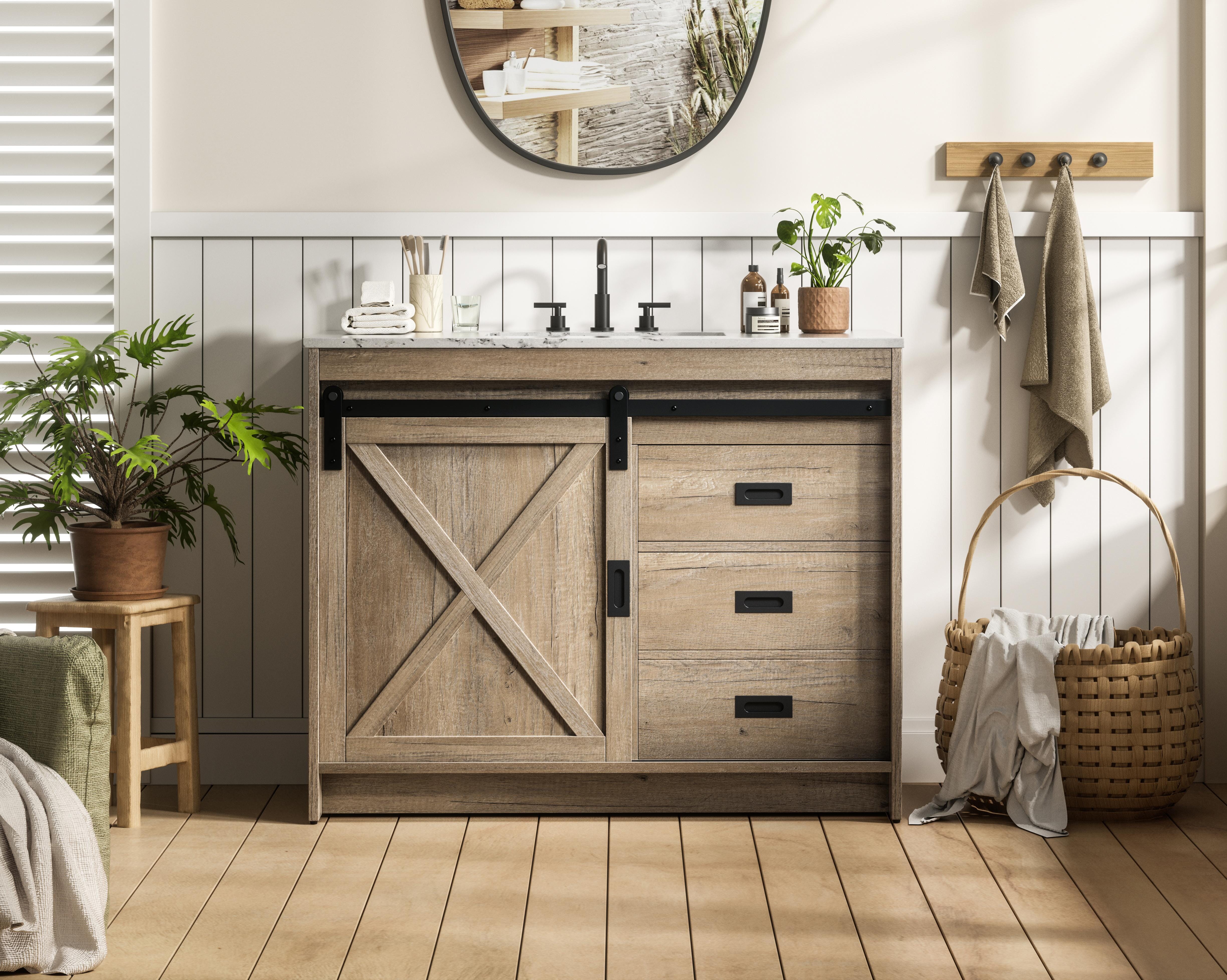 Modern Fitting 42 inch Single Bathroom Vanity in Natural Oak